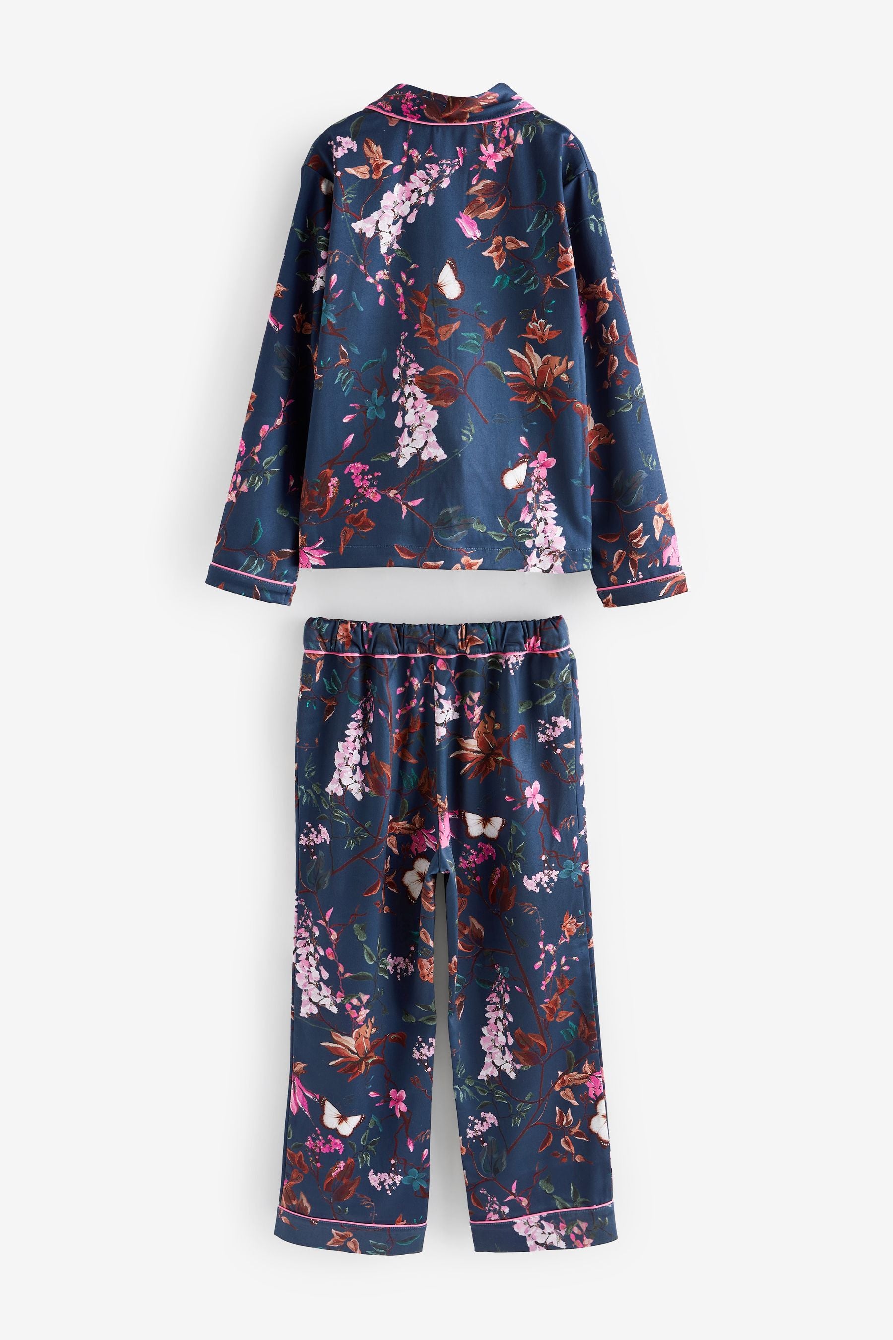 Navy Blue Floral Satin Button Through Pyjamas (6-16yrs)