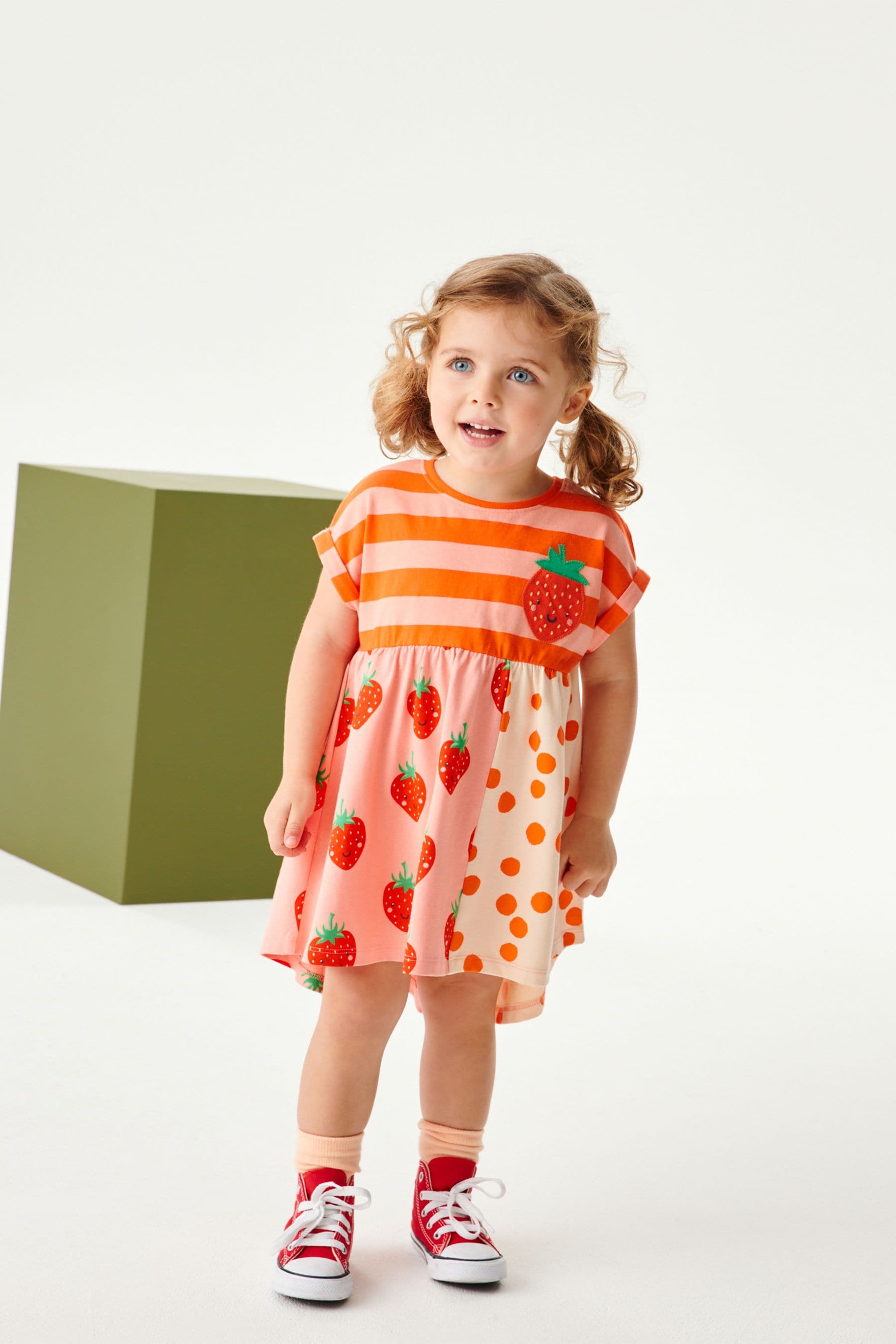 Red Strawberry Short Sleeve Drop Hem Jersey Dress (3mths-7yrs)