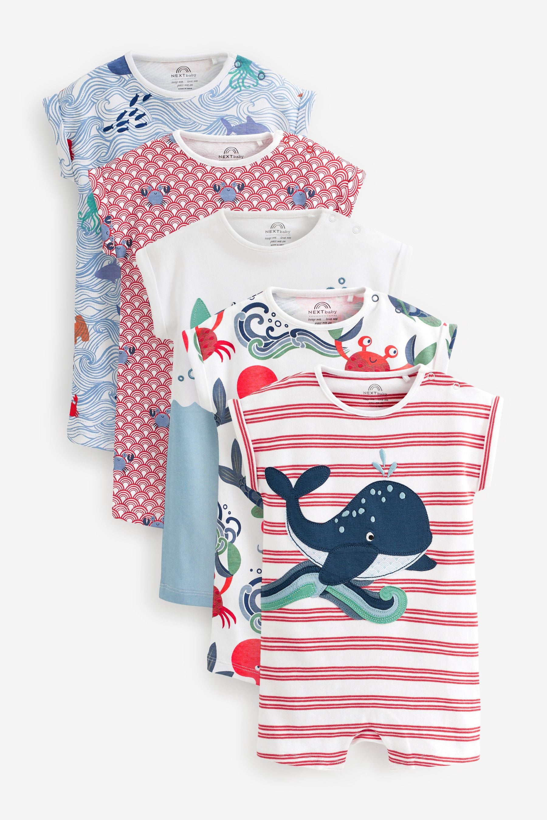 Red/Blue Whale Baby Jersey Rompers 5 Pack