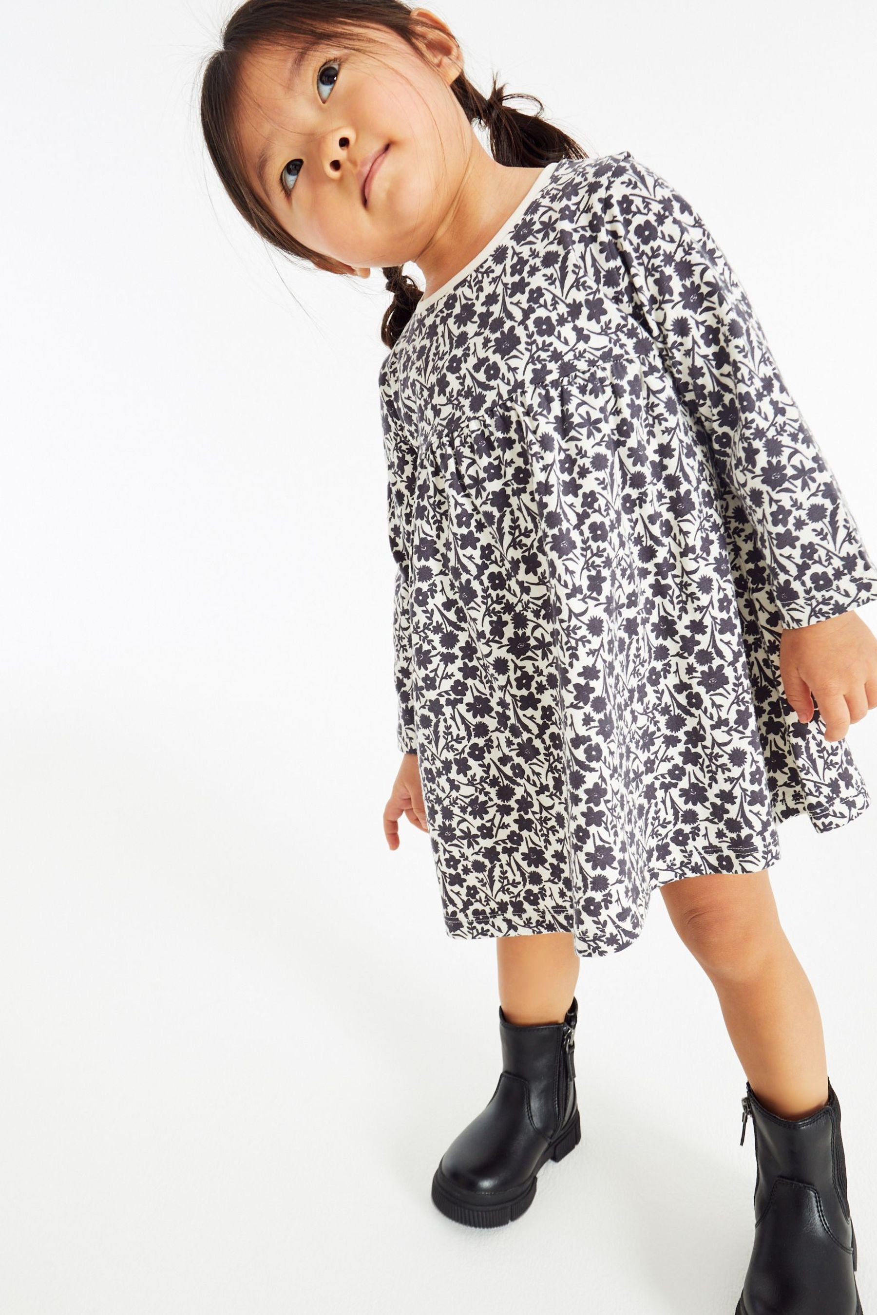 Monochrome Floral Long Sleeve Jersey Dress (3mths-7yrs)