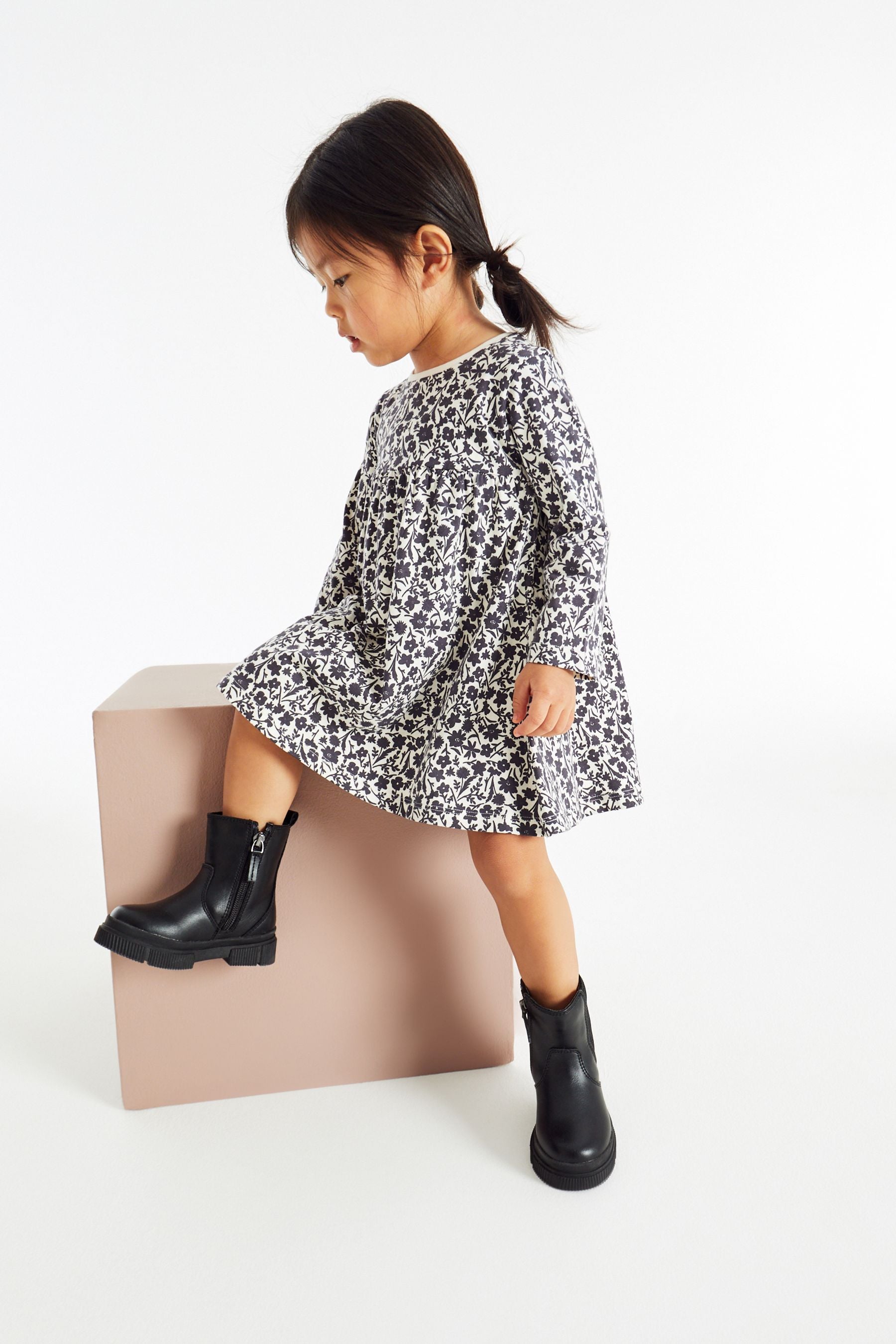 Monochrome Floral Long Sleeve Jersey Dress (3mths-7yrs)