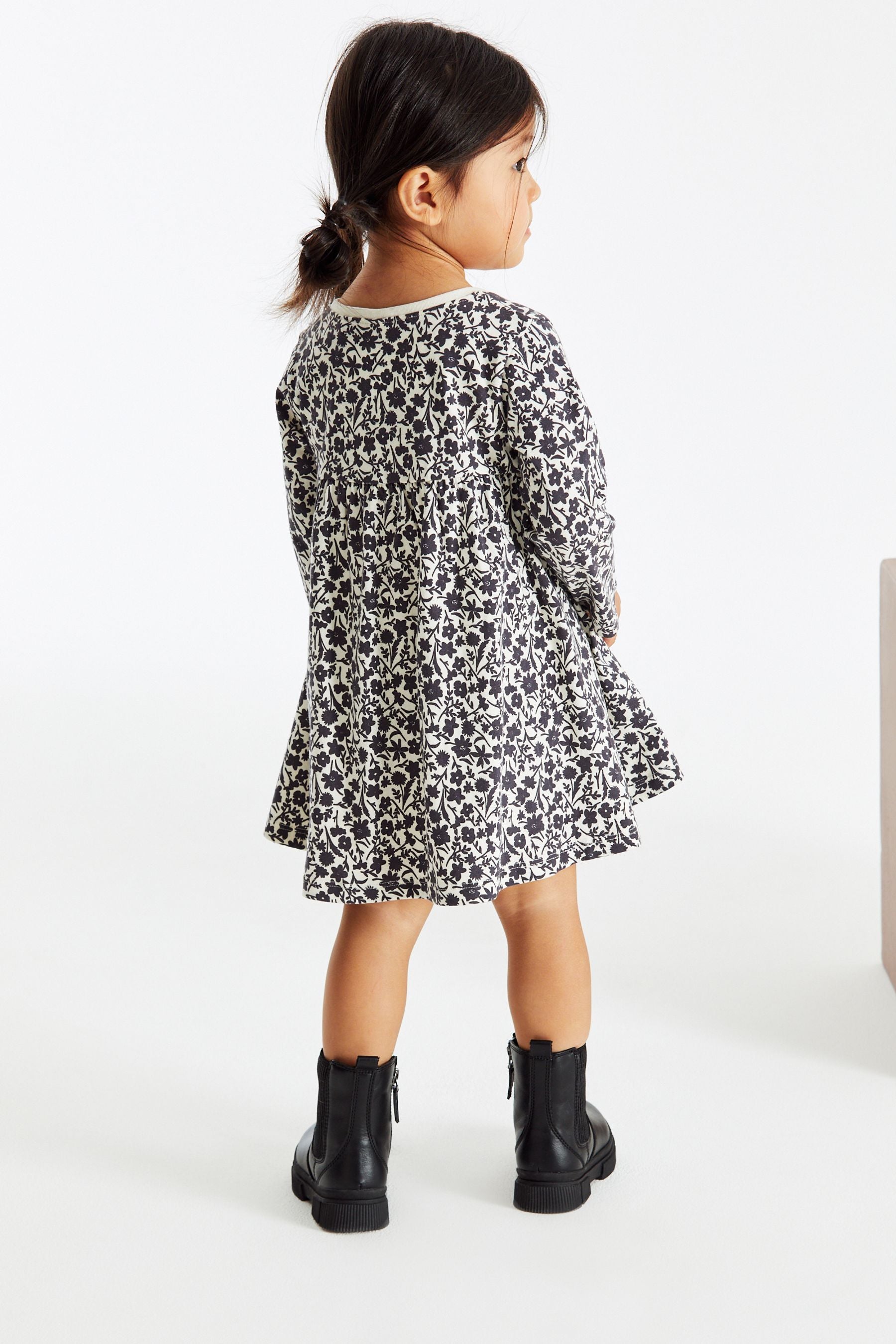 Monochrome Floral Long Sleeve Jersey Dress (3mths-7yrs)