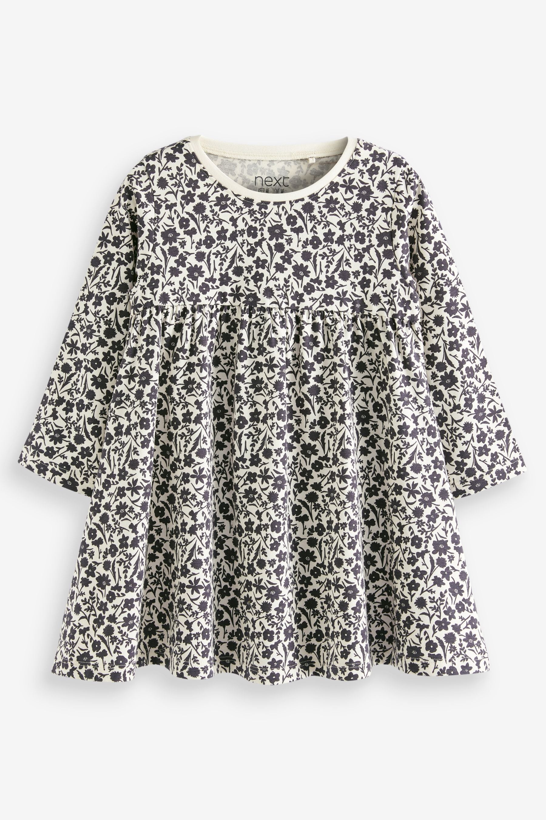 Monochrome Floral Long Sleeve Jersey Dress (3mths-7yrs)