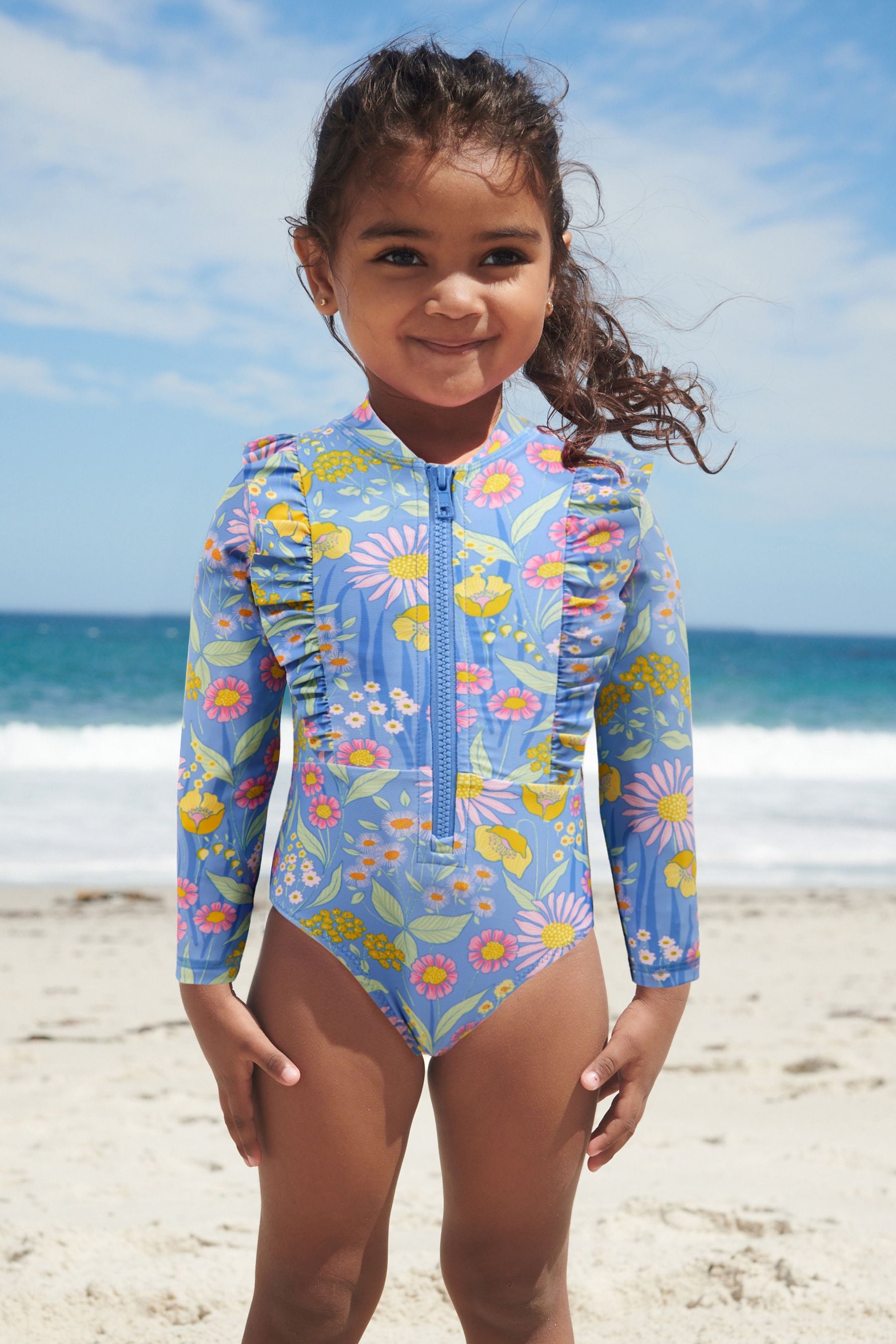 Blue Long Sleeve Frill Shoulder Sunsafe Swimsuit