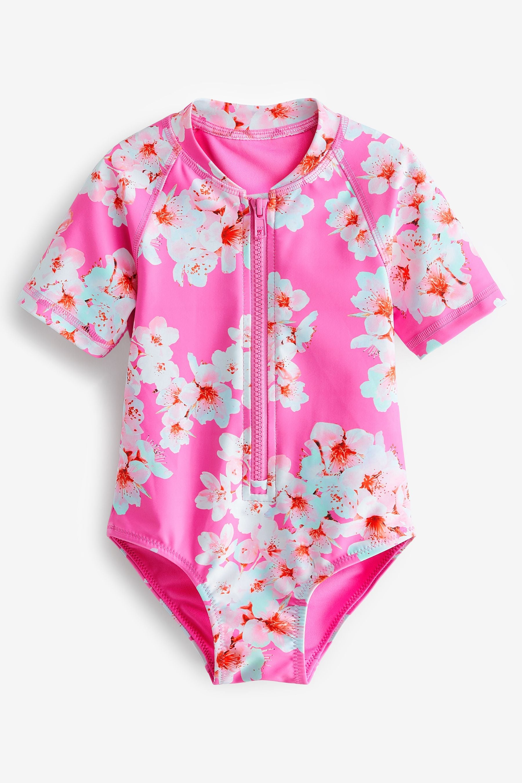 Bright Pink Floral Short Sleeved Swimsuit (3mths-16yrs)