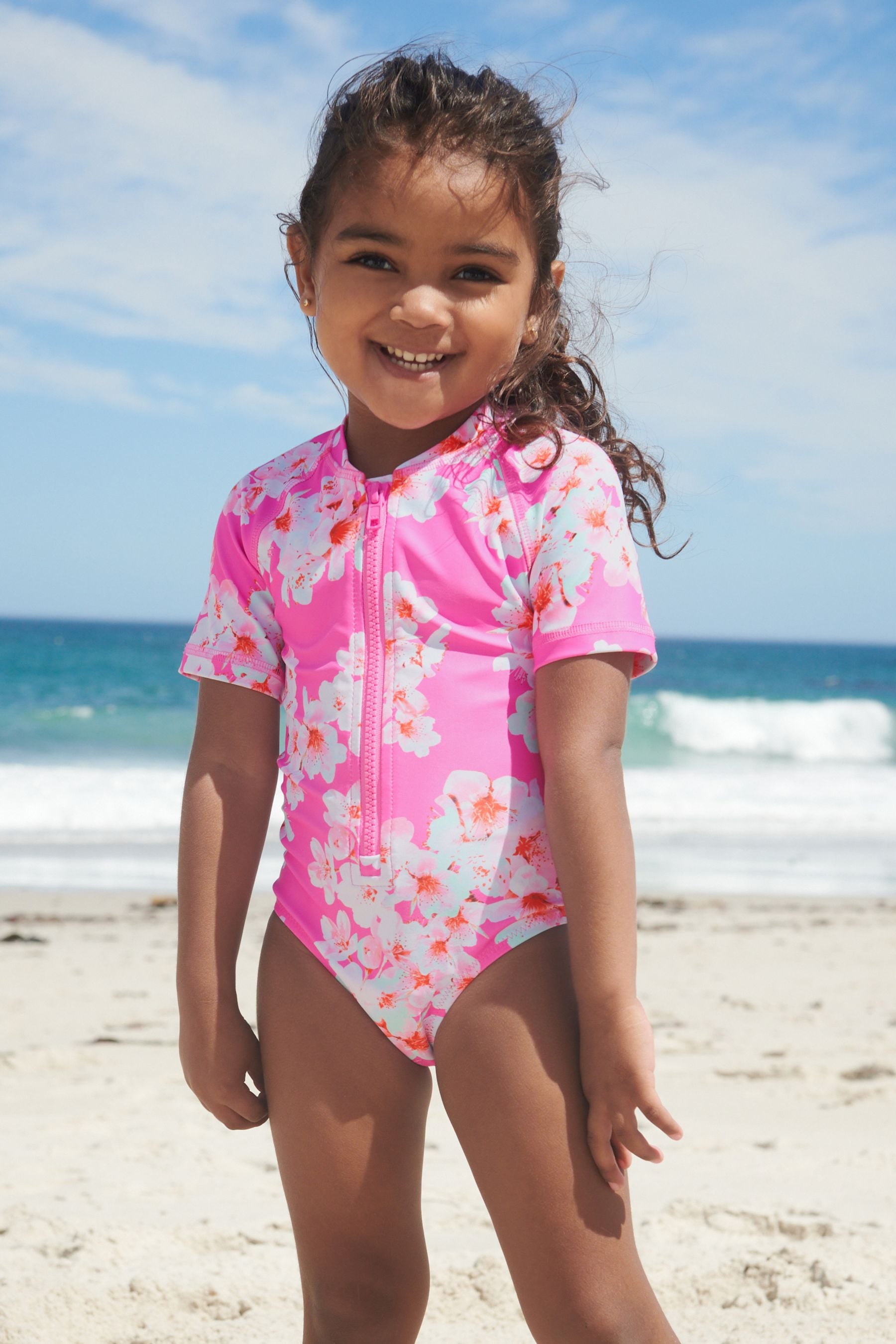 Bright Pink Floral Short Sleeved Swimsuit (3mths-16yrs)