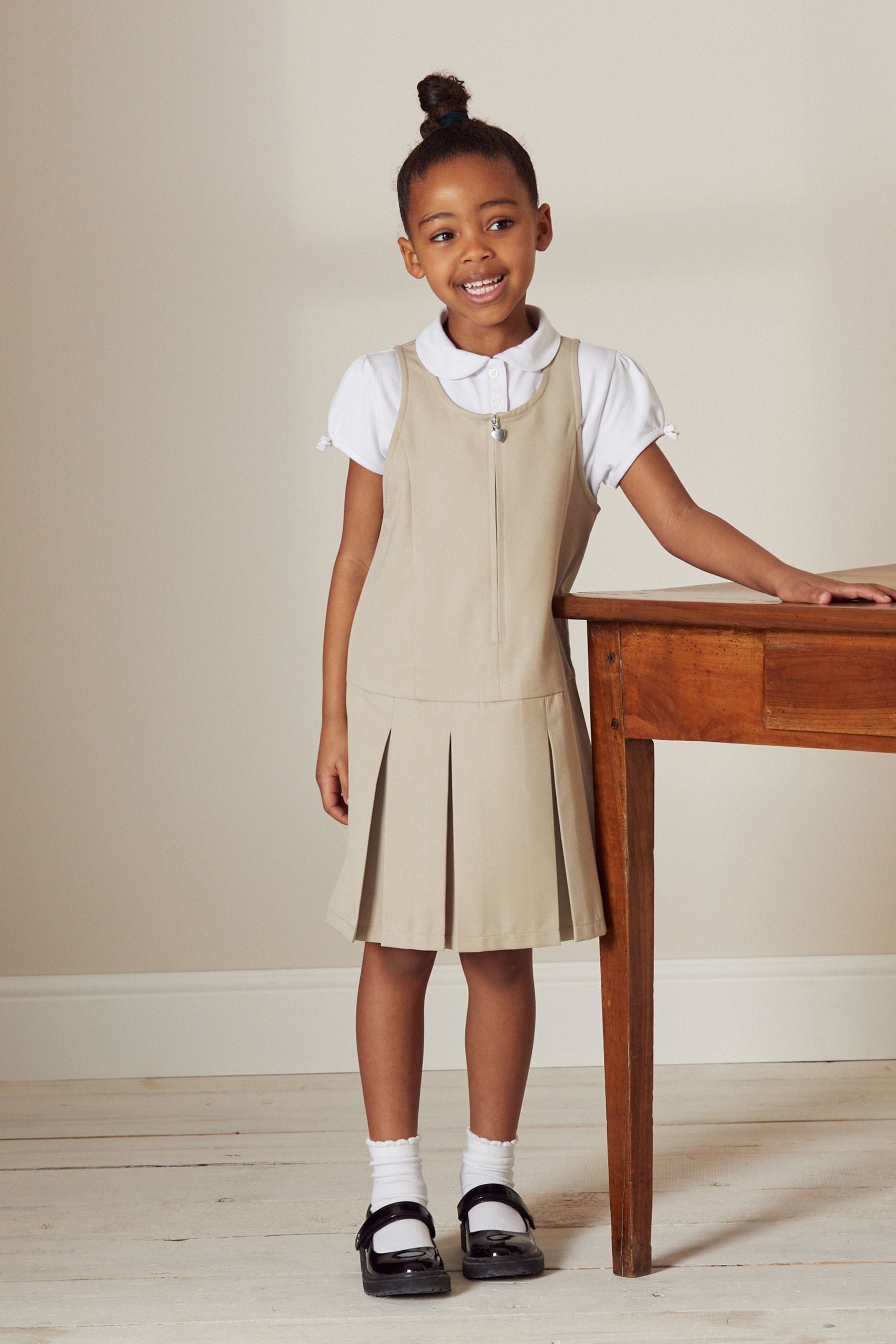 Neutral Stone Zip Front School Pinafore (3-14yrs)