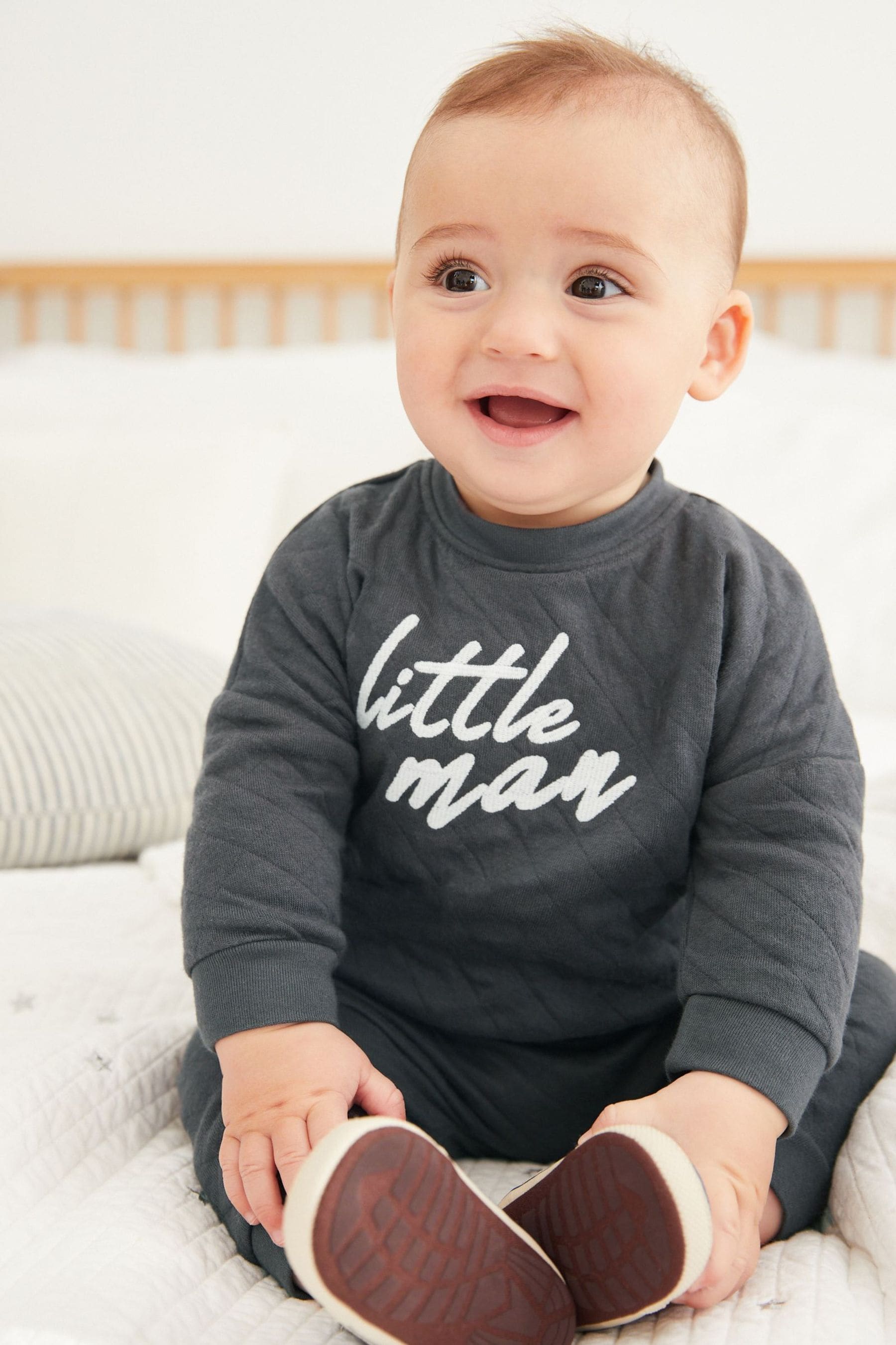 Charcoal Grey Slogan quilted Two Piece Baby Sweatshirt And Joggers