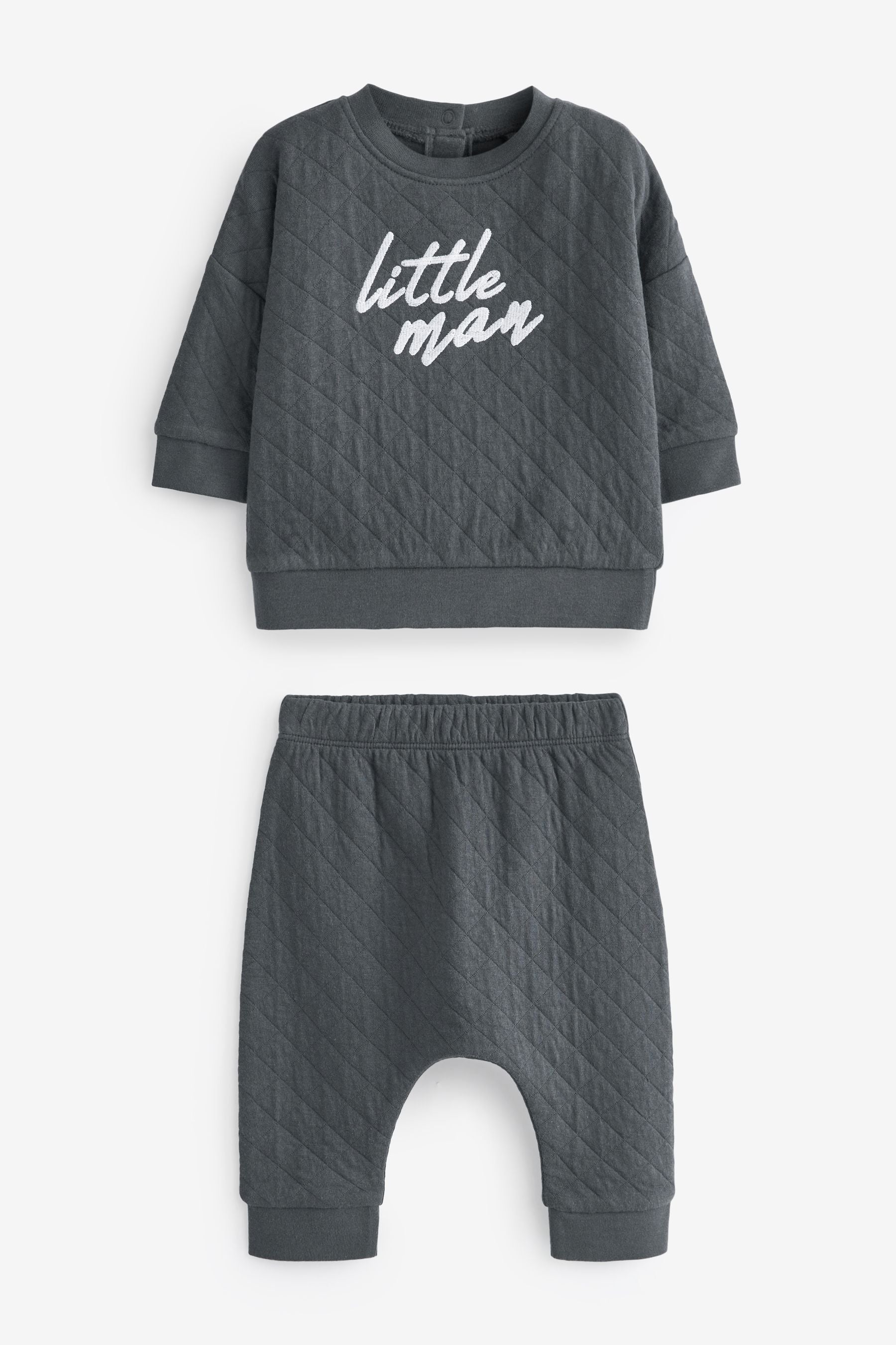 Charcoal Grey Slogan quilted Two Piece Baby Sweatshirt And Joggers