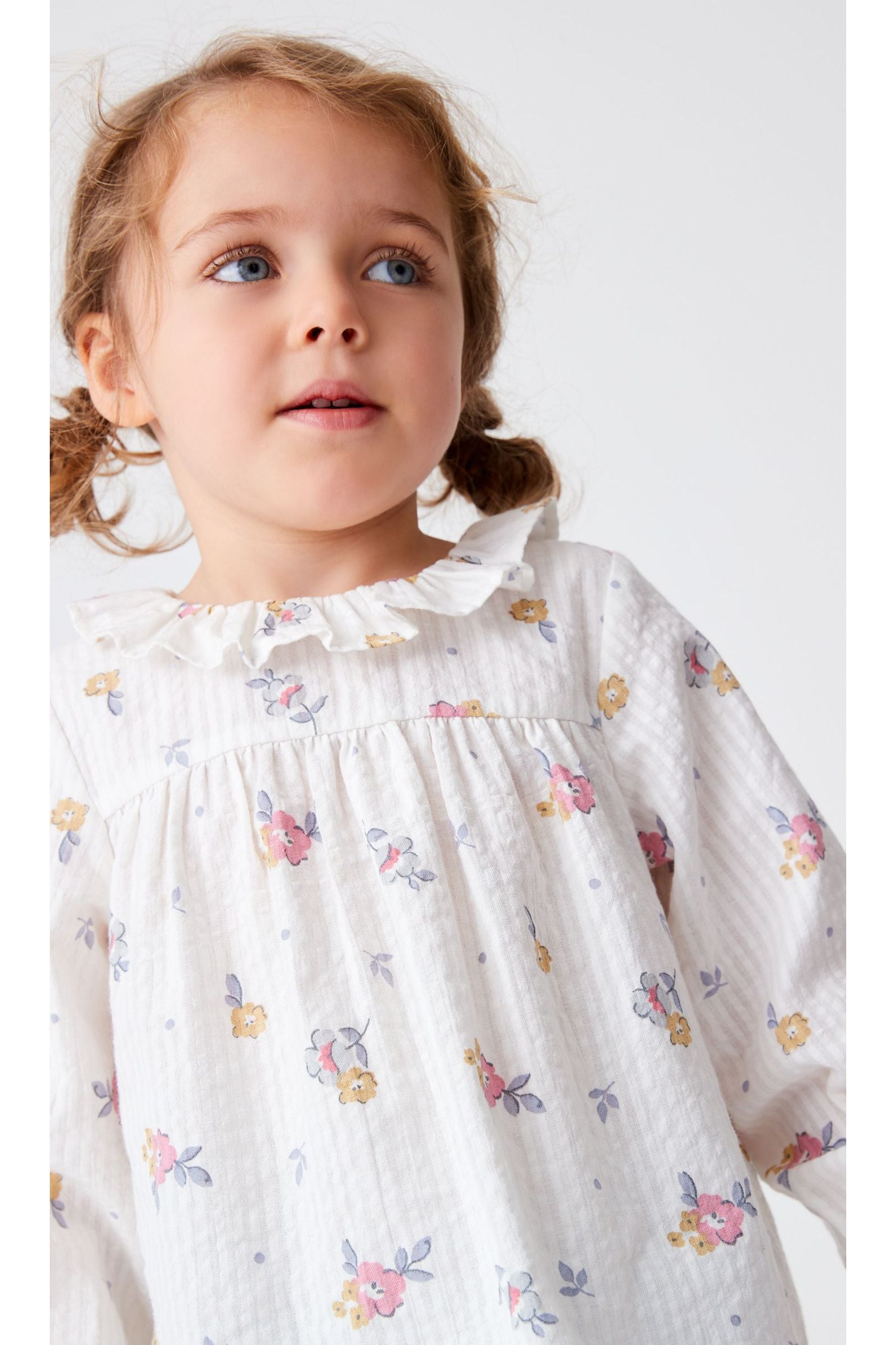 Blue/Pink Ditsy Printed Cotton Ruffle Blouse (3mths-7yrs)