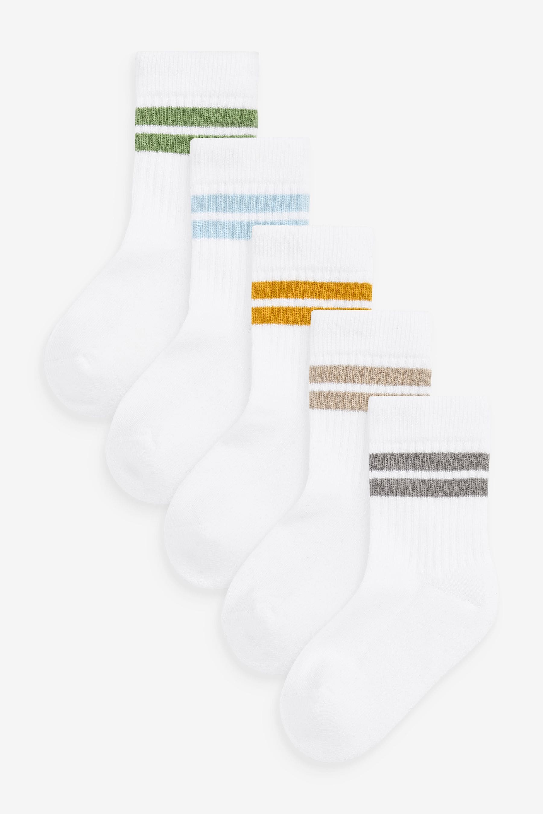 White/Neutrals Cushioned Footbed Cotton Rich Ribbed Socks 5 Pack