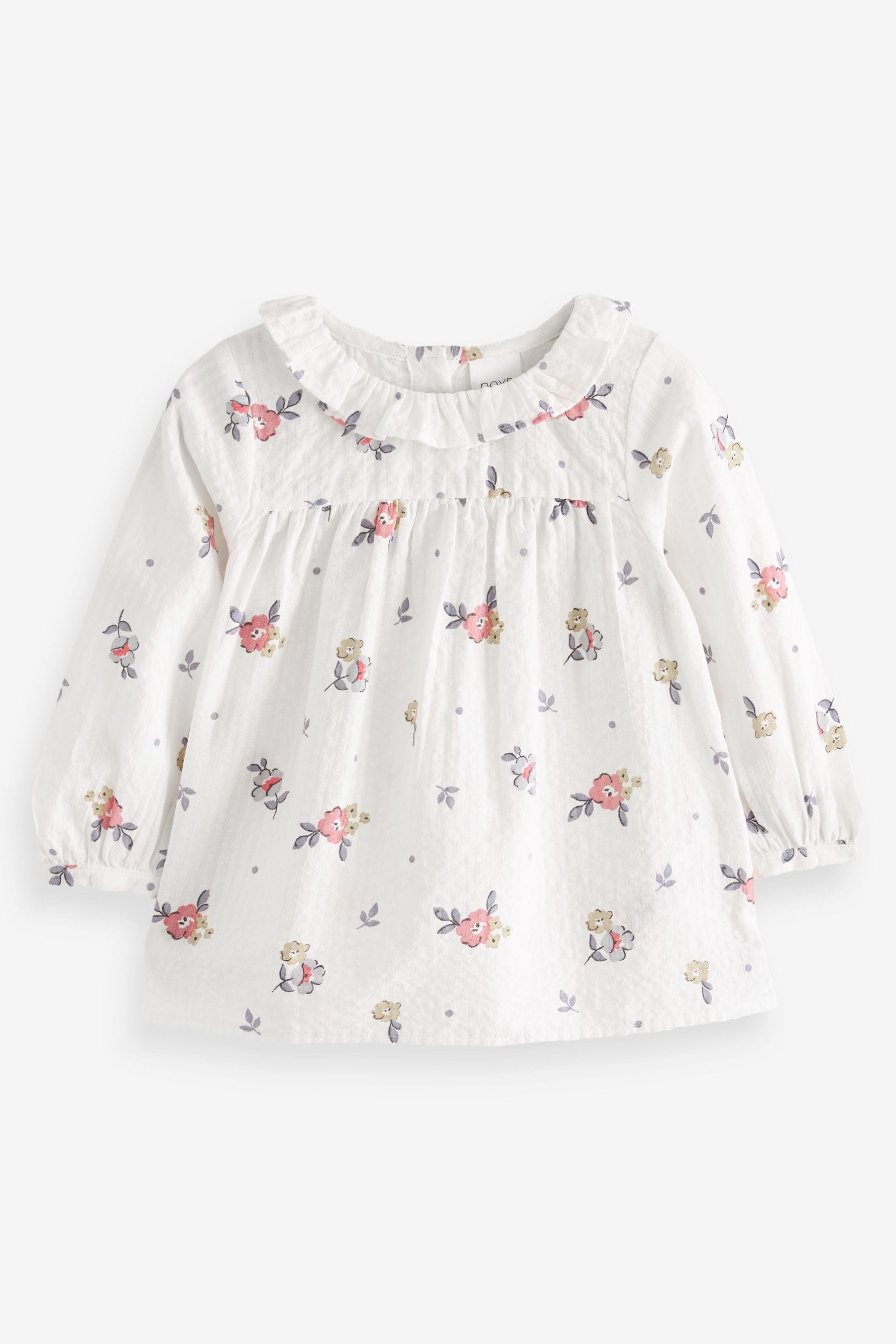 Blue/Pink Ditsy Printed Cotton Ruffle Blouse (3mths-7yrs)