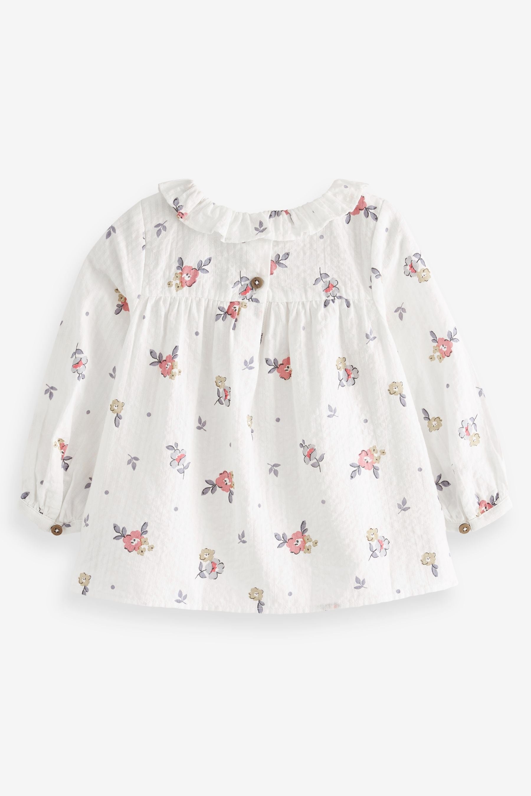 Blue/Pink Ditsy Printed Cotton Ruffle Blouse (3mths-7yrs)