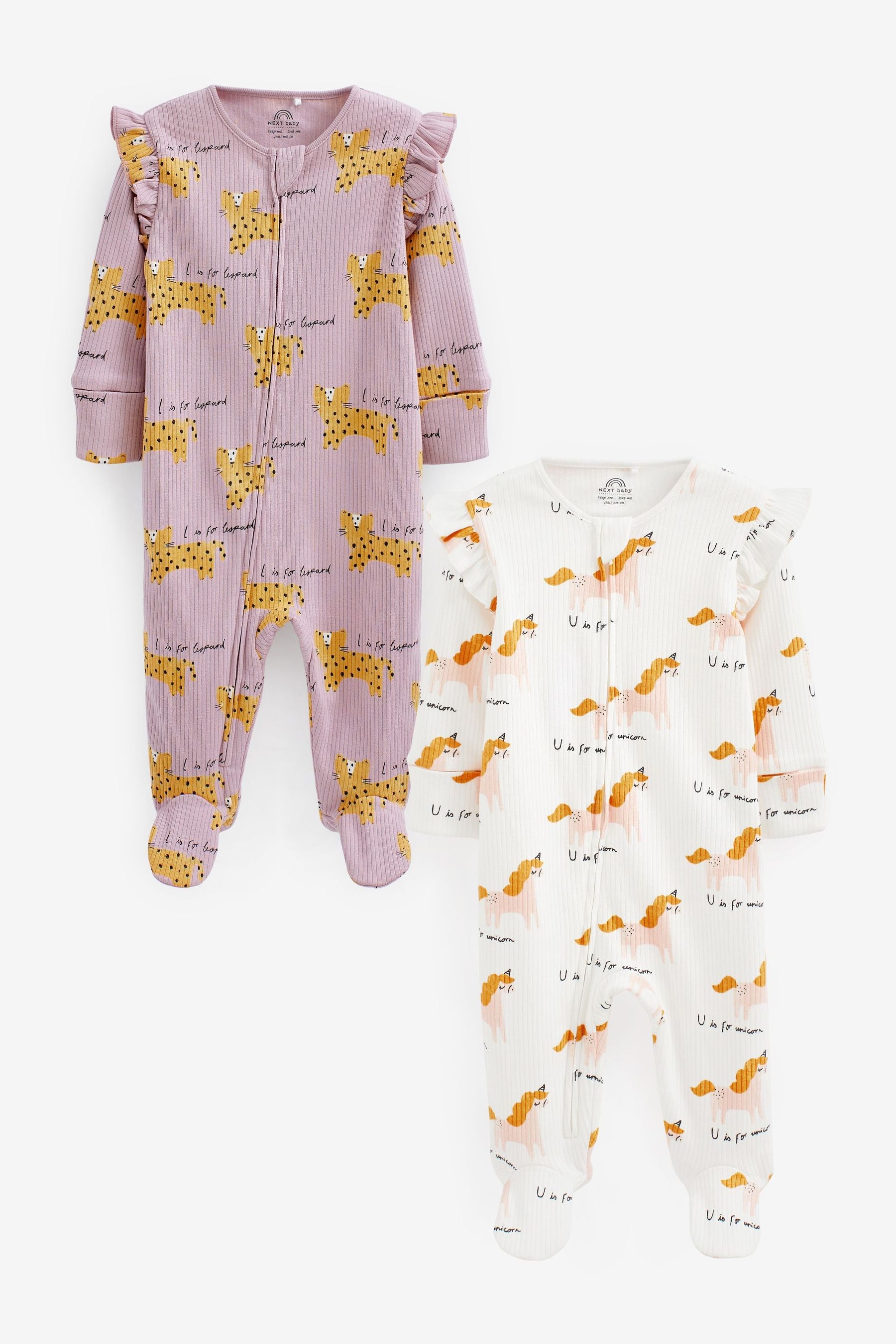 Multi 2 Pack Zip Baby Sleepsuits (0-2yrs)