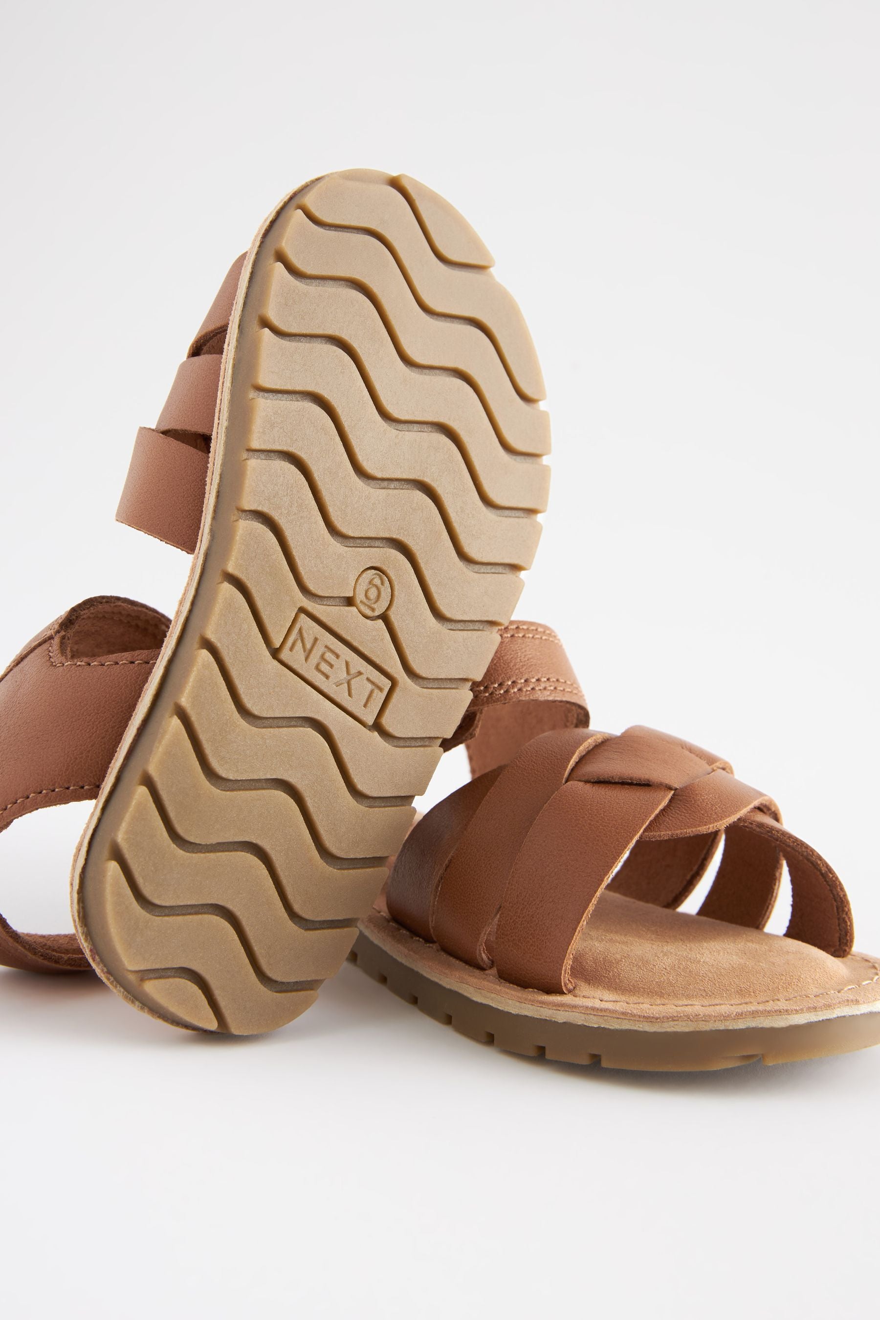 Tan Brown Leather Woven Ankle Strap Sandals