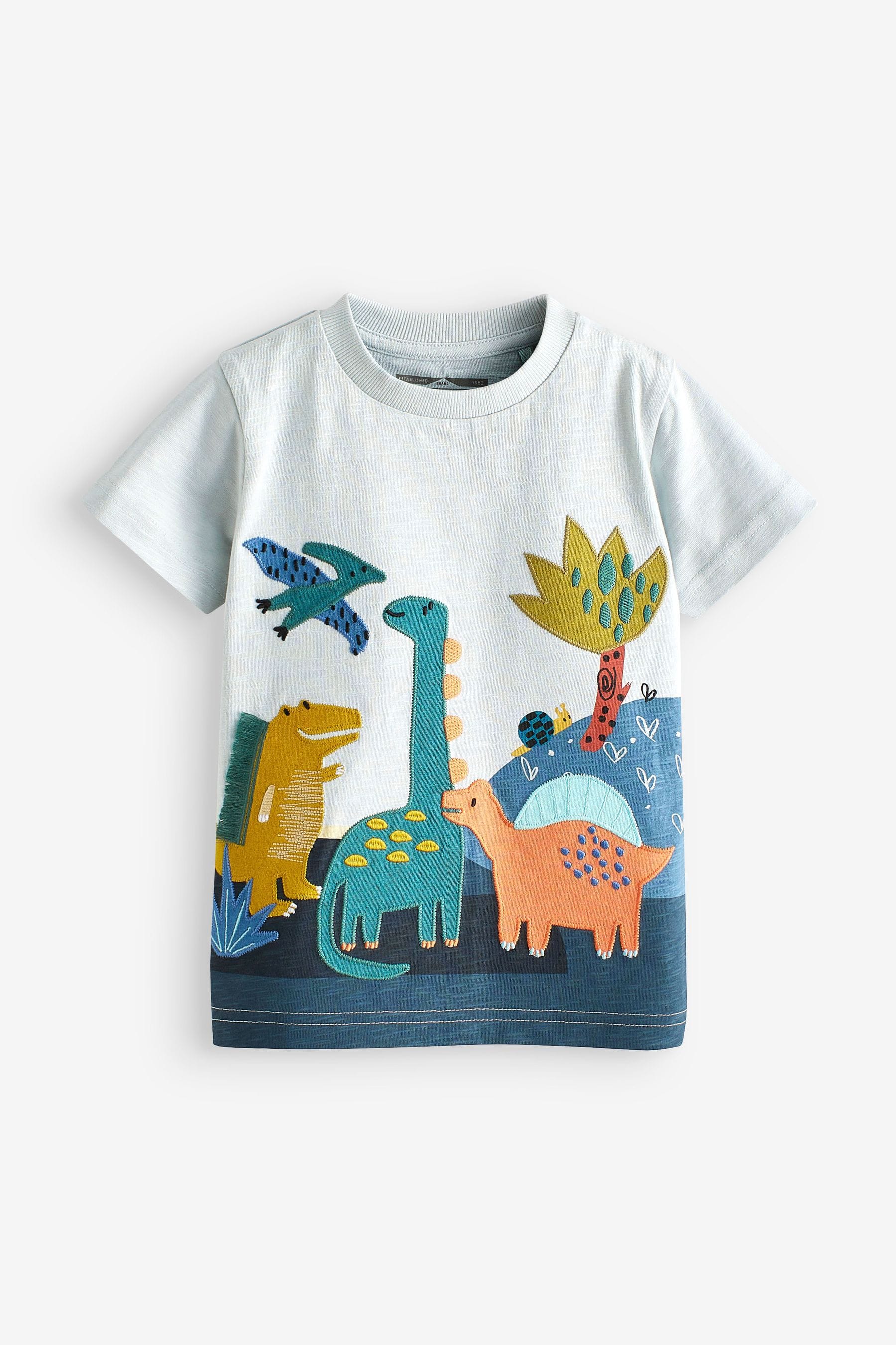 Pale Blue Dino Short Sleeve Appliquééé T-Shirt (3mths-7yrs)