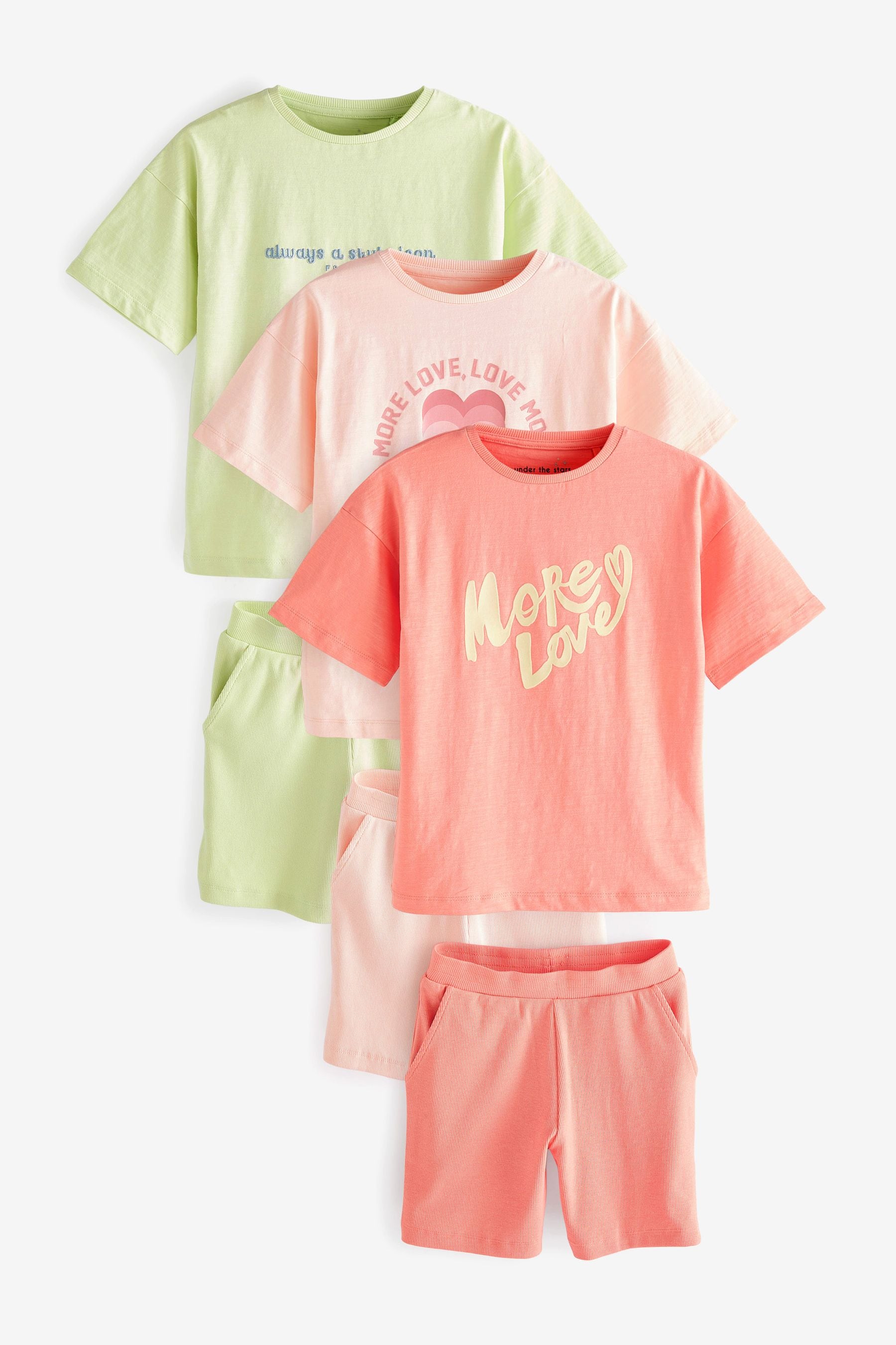 Orange/Pink/Green Slogan 3 Pack Short Pyjamas (3-16yrs)