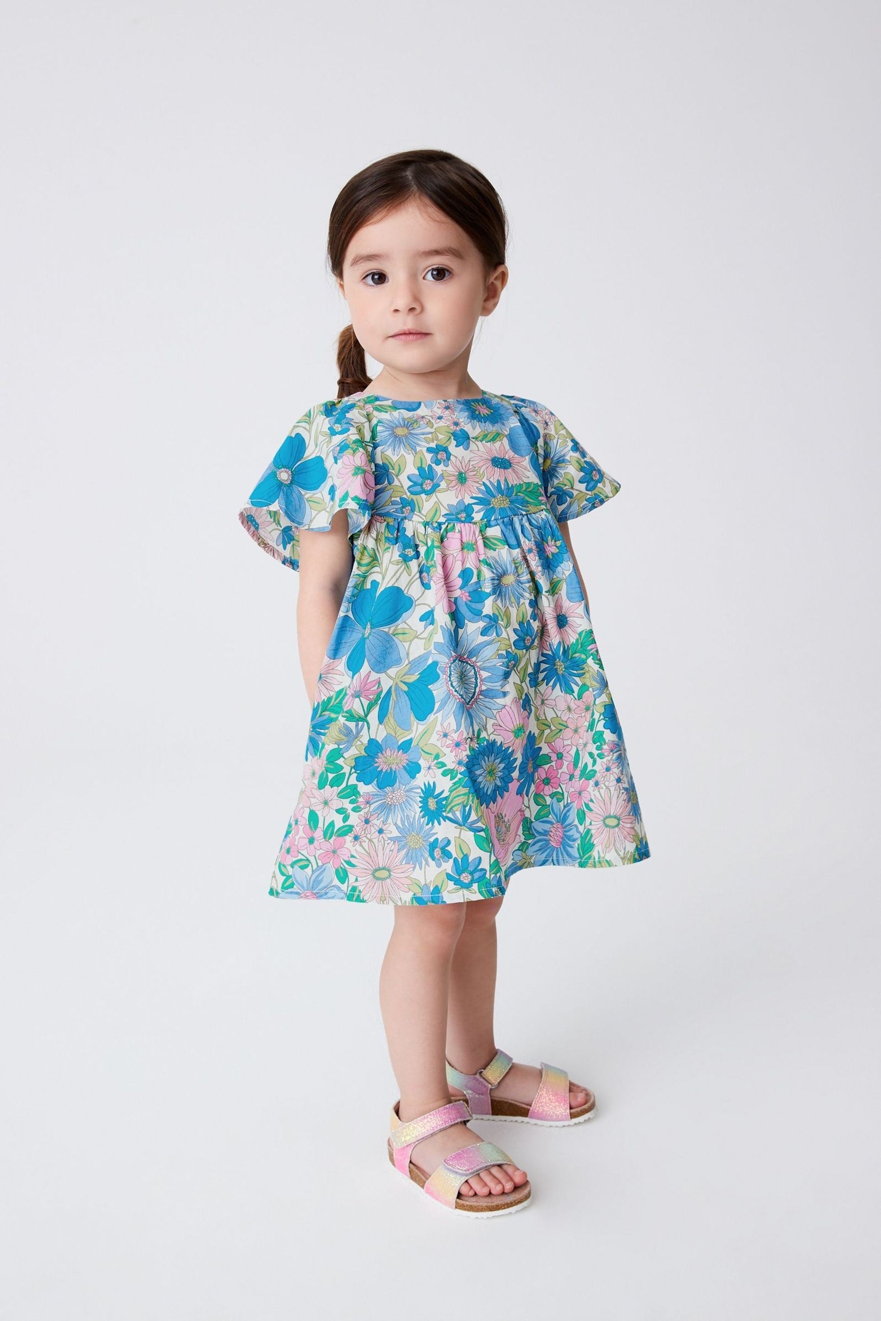 Pink/Blue Floral Angel Sleeve Cotton Dress (3mths-8yrs)