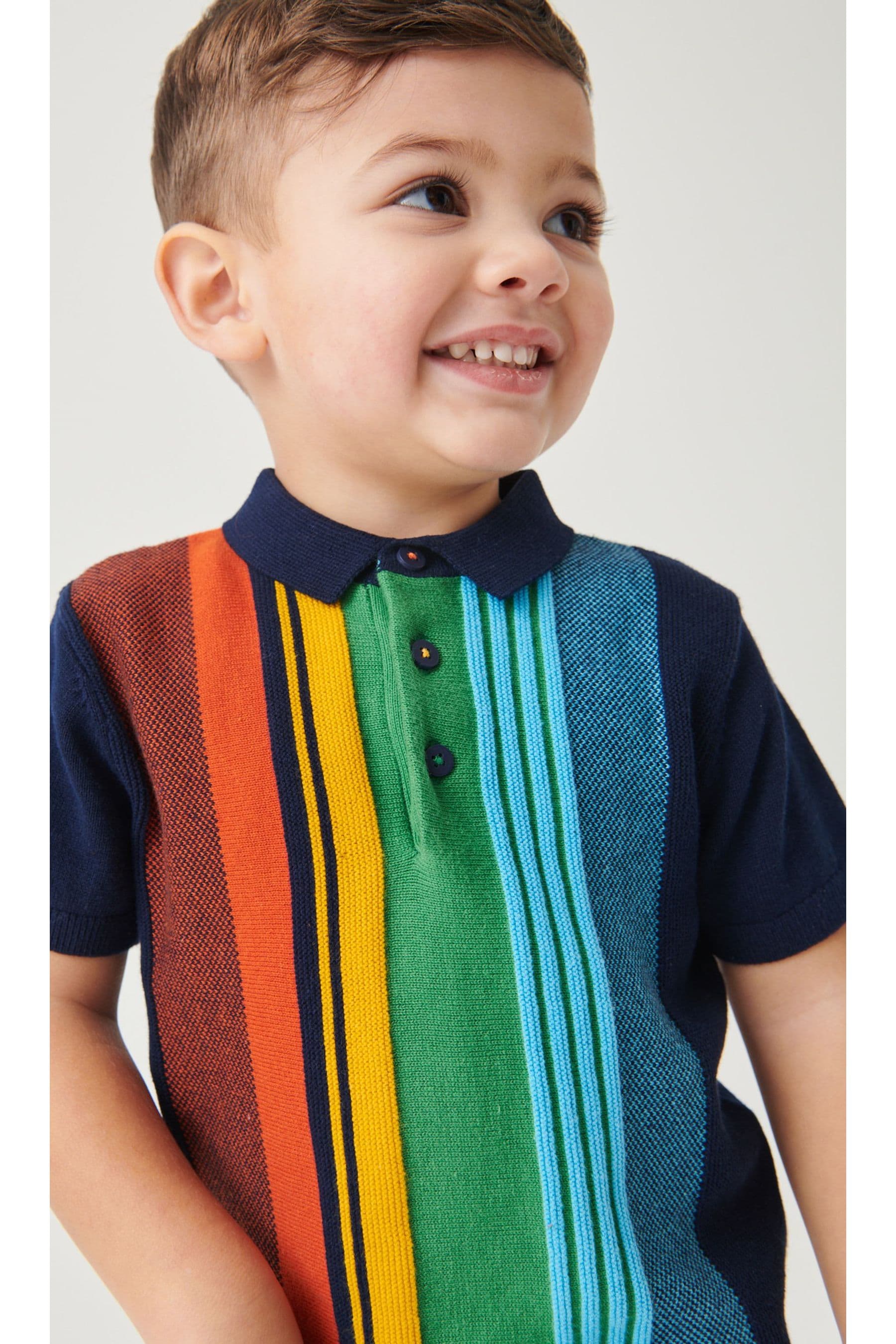 Multicoloured Knitted Vertical Patterned Short Sleeve Polo Shirt (3mths-7yrs)