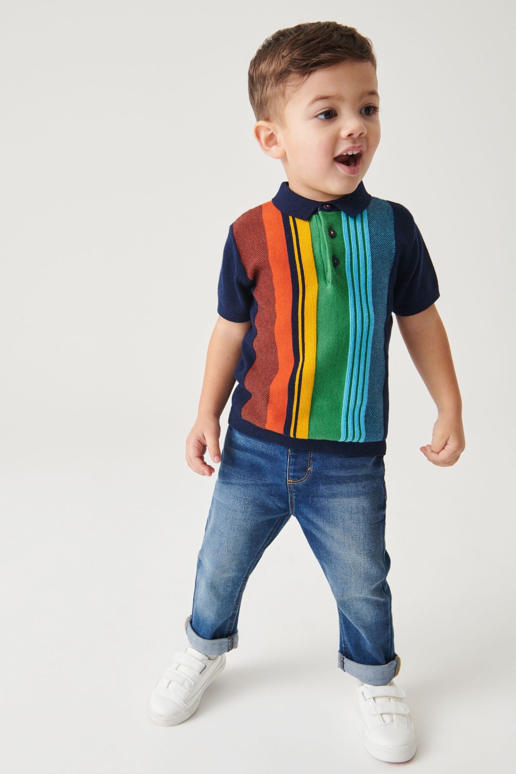 Multicoloured Knitted Vertical Patterned Short Sleeve Polo Shirt (3mths-7yrs)