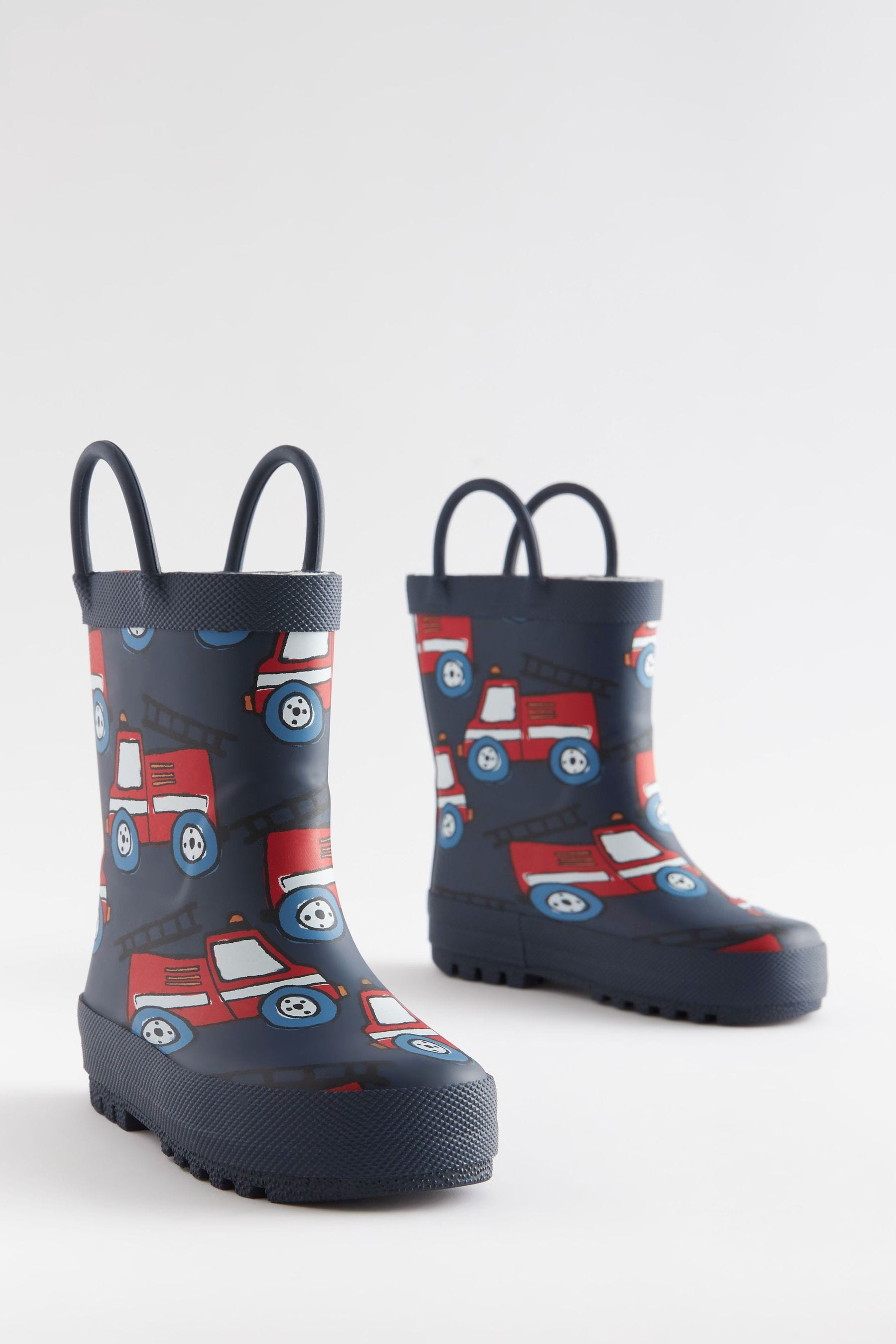 Navy Blue/Red Fire Engine Wellies With Pull-on Handles