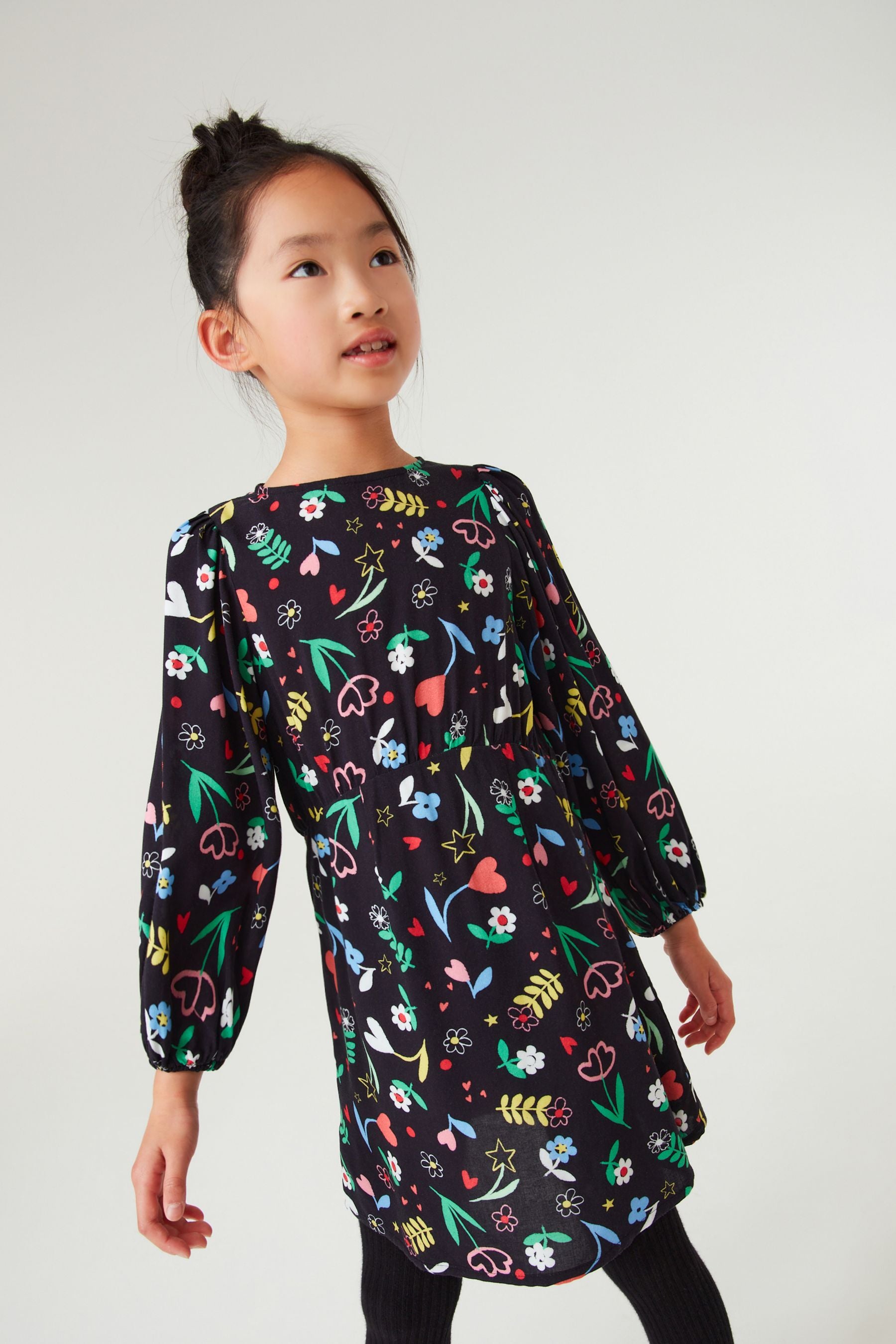 Black Floral Printed Tea Dress (3-16yrs)