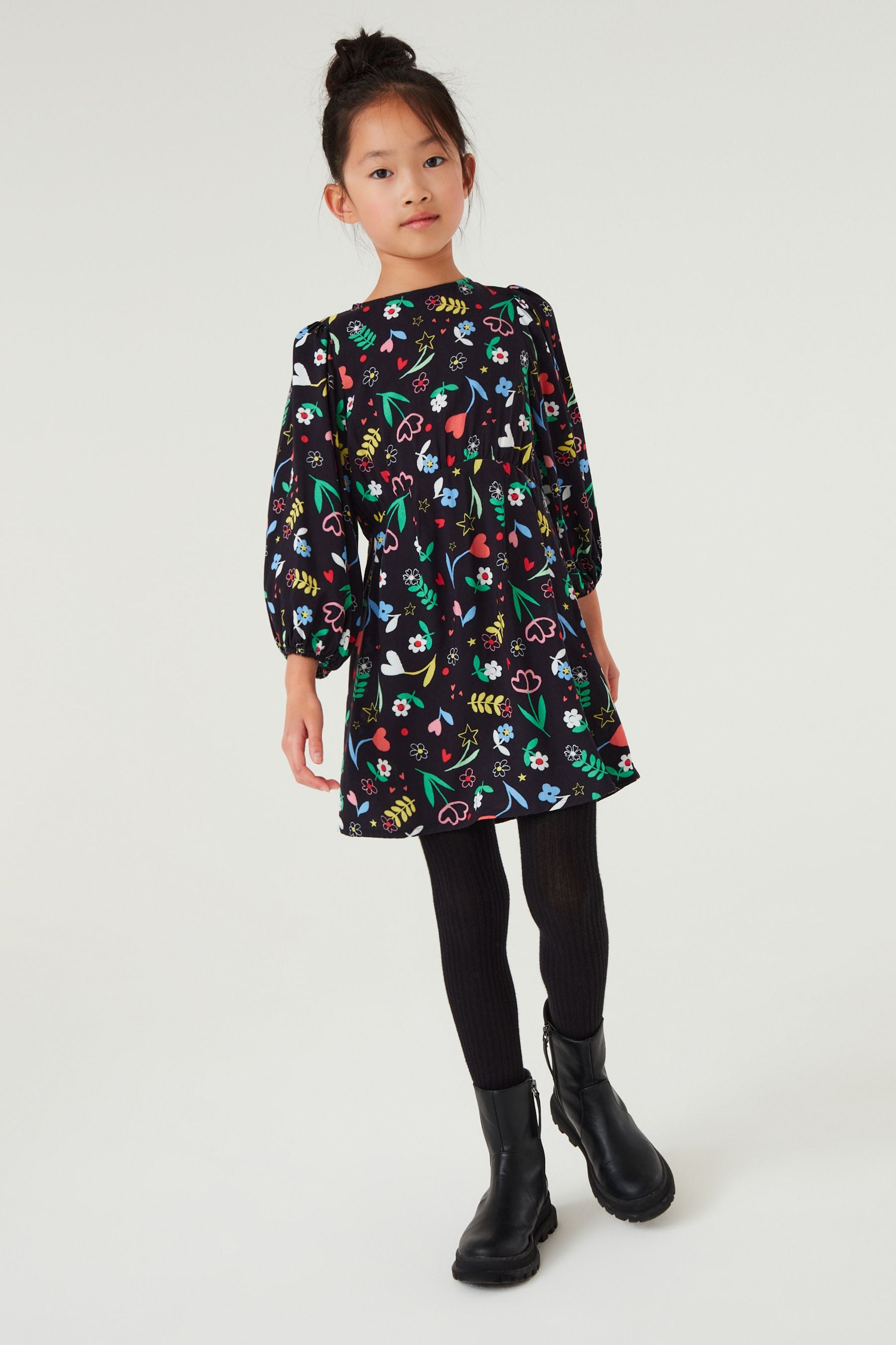 Black Floral Printed Tea Dress (3-16yrs)