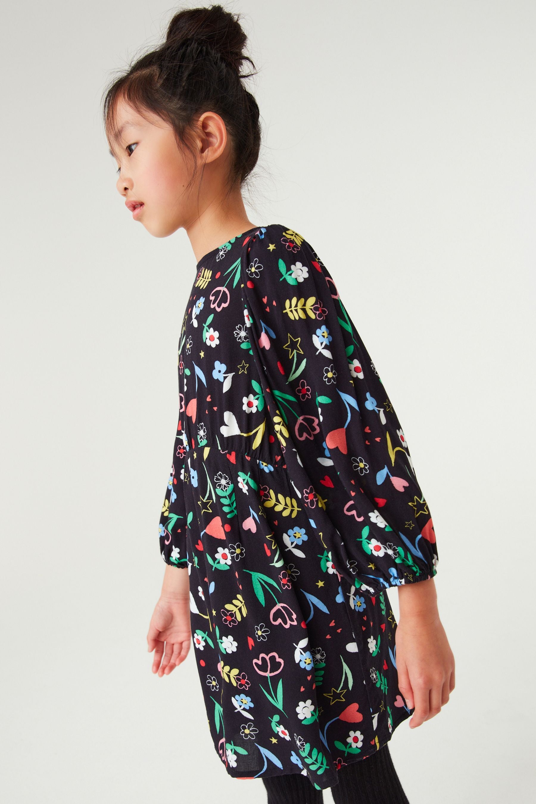 Black Floral Printed Tea Dress (3-16yrs)