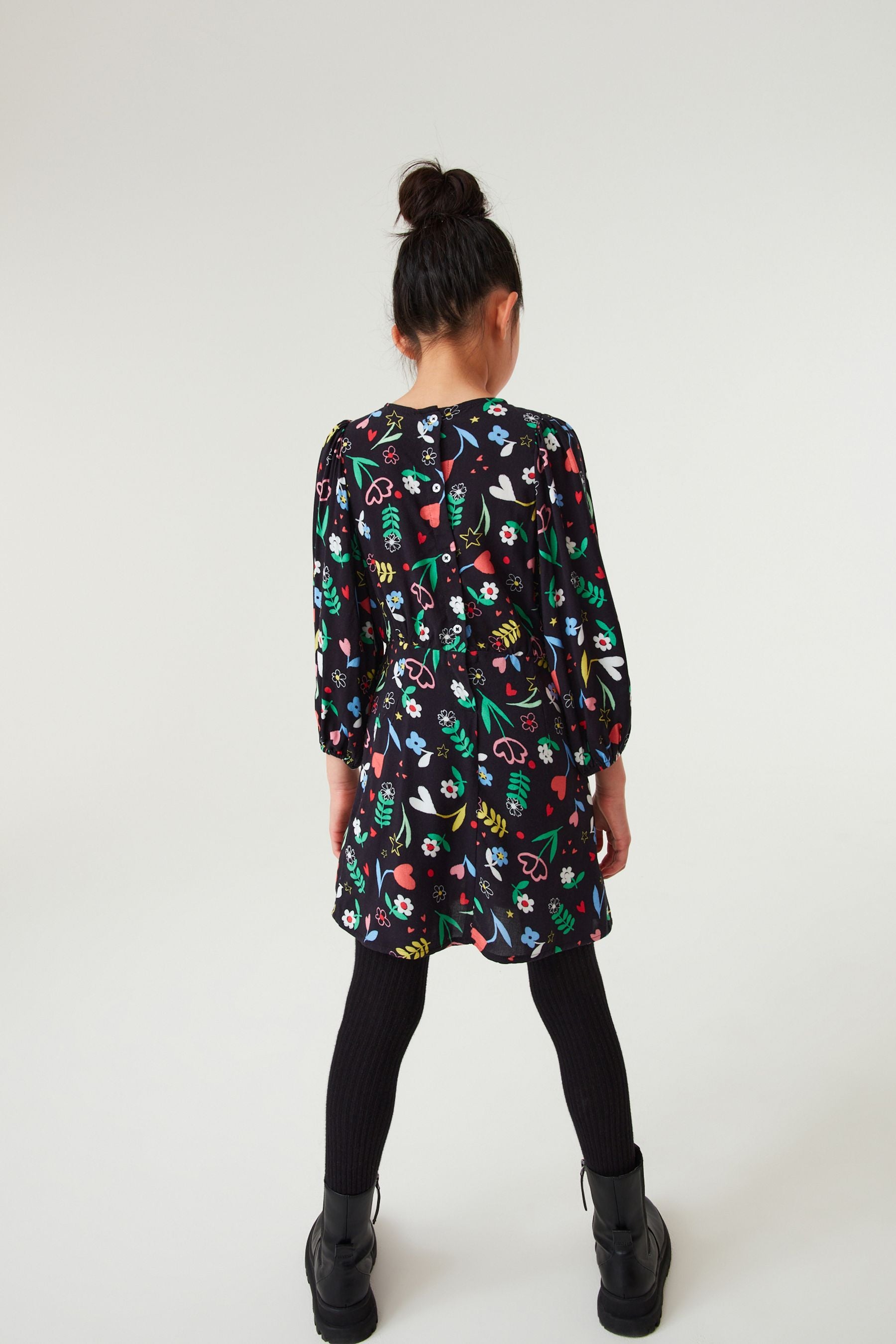 Black Floral Printed Tea Dress (3-16yrs)