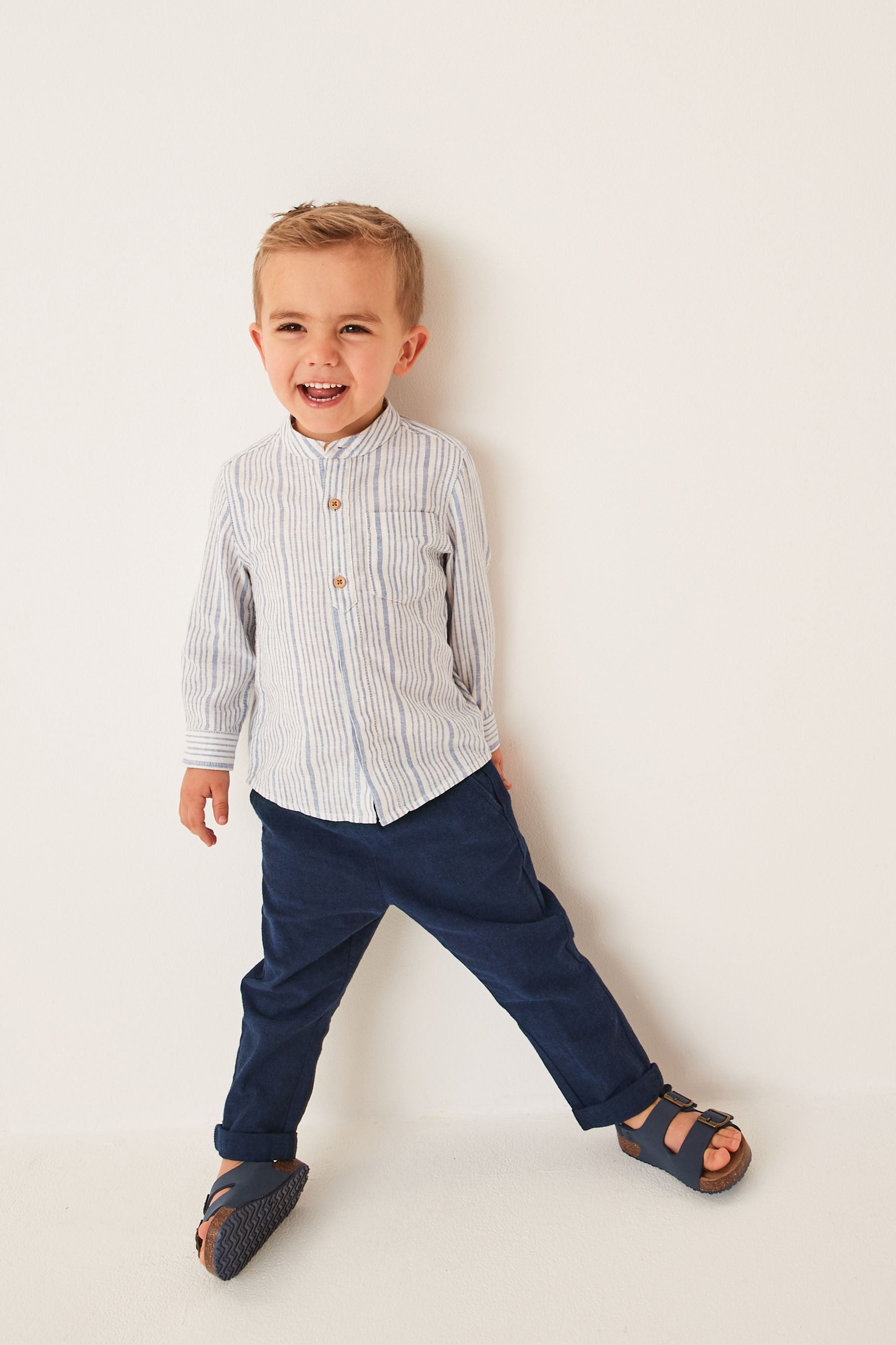 Blue/White Stripe Grandad Collar Linen Mix Shirt (3mths-7yrs)