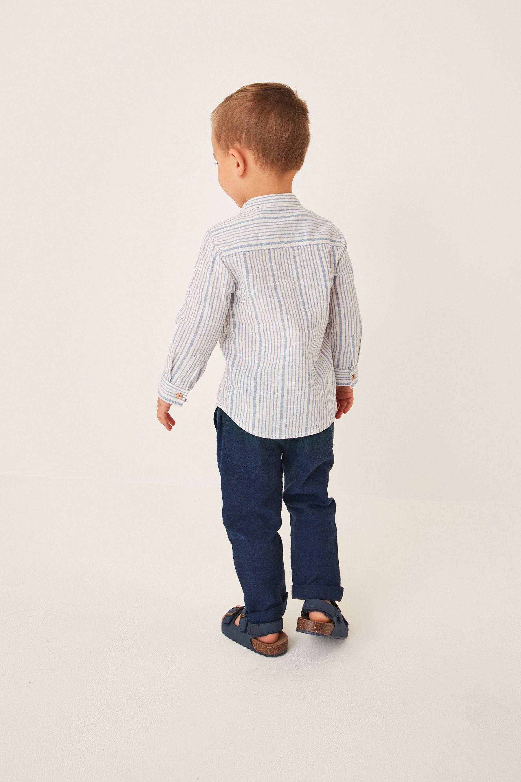 Blue/White Stripe Grandad Collar Linen Mix Shirt (3mths-7yrs)