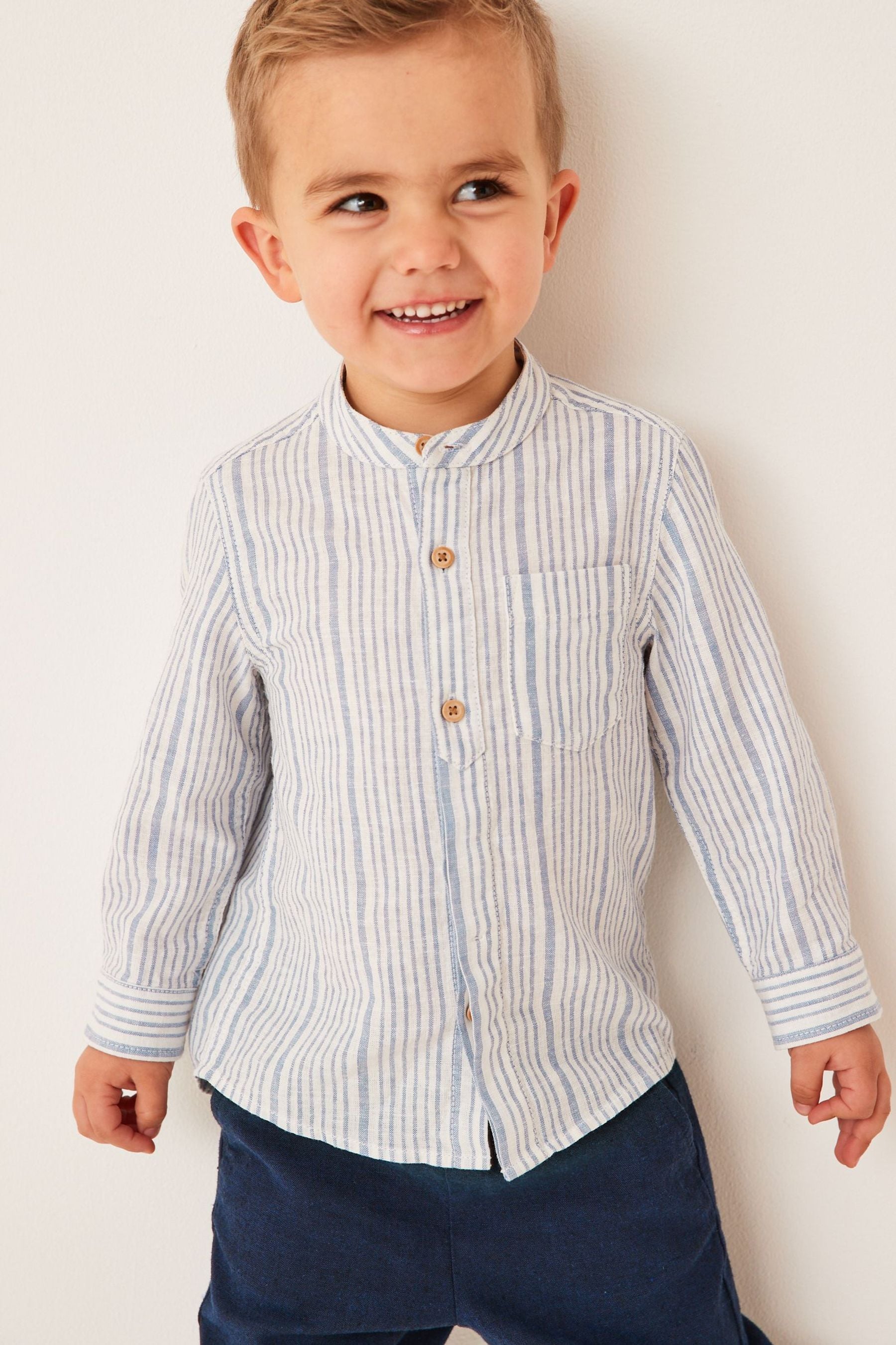 Blue/White Stripe Grandad Collar Linen Mix Shirt (3mths-7yrs)