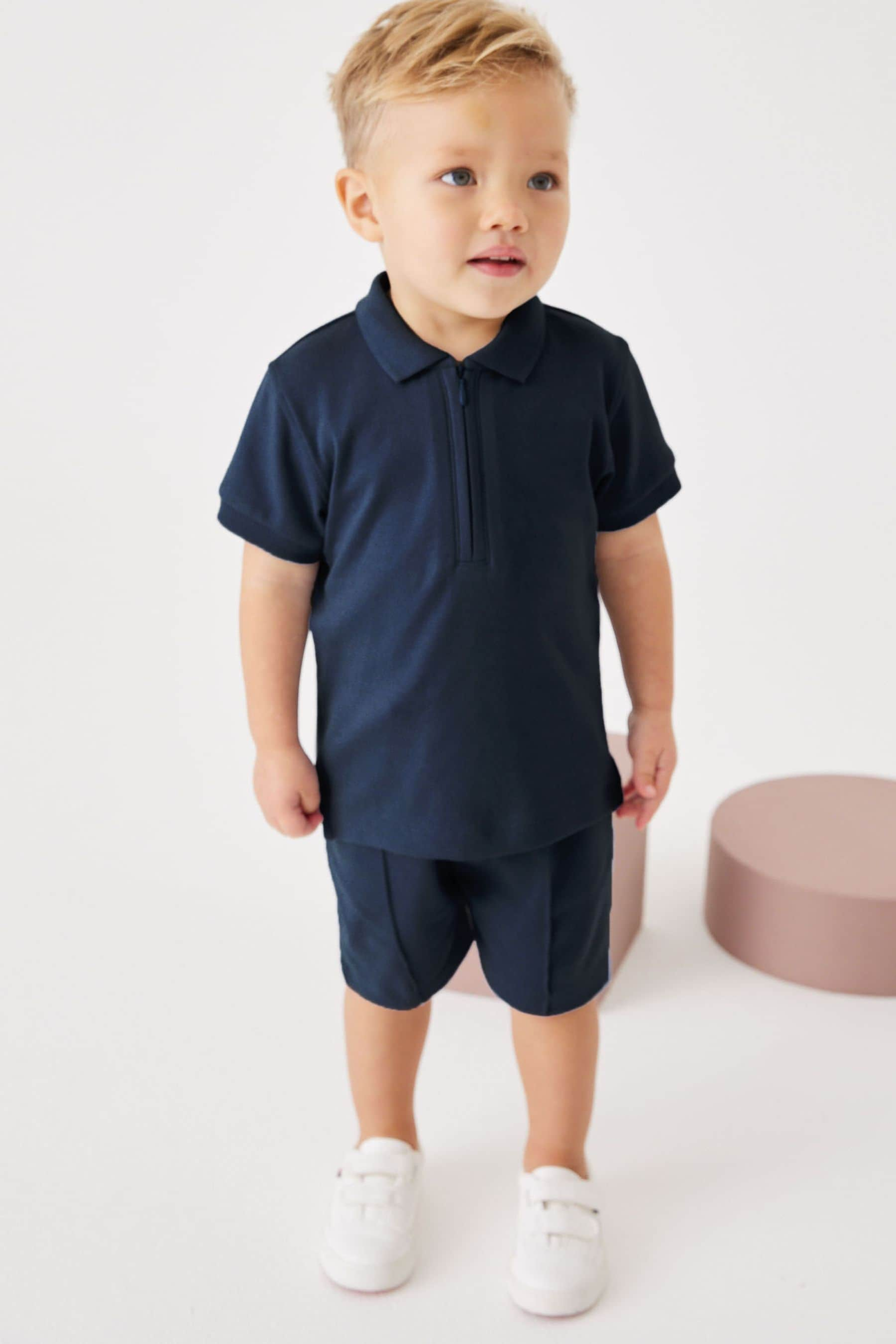 Navy Short Sleeve Jersey Zip Neck Polo Shirt And Shorts Set (3mths-7yrs)