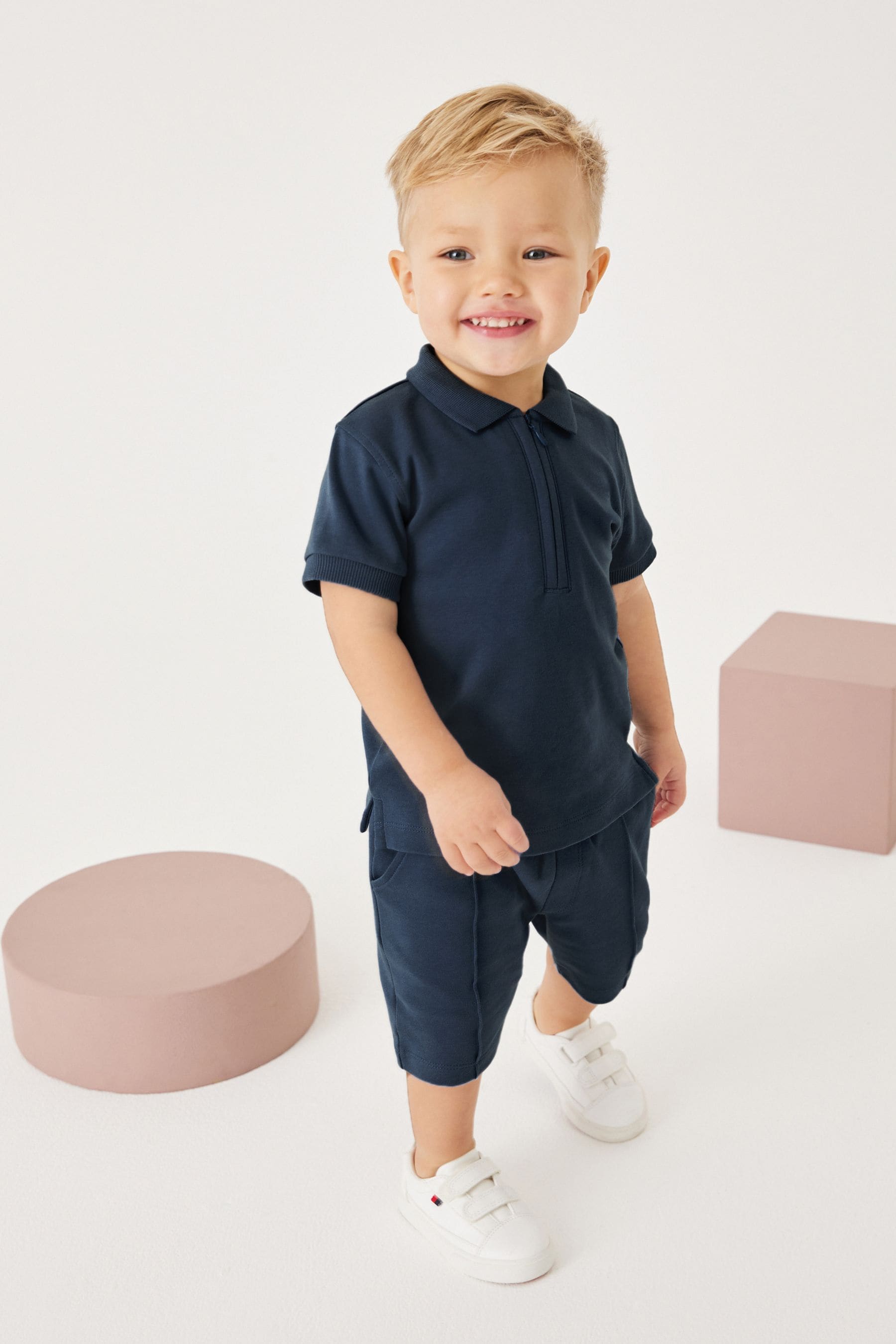 Navy Short Sleeve Jersey Zip Neck Polo Shirt And Shorts Set (3mths-7yrs)