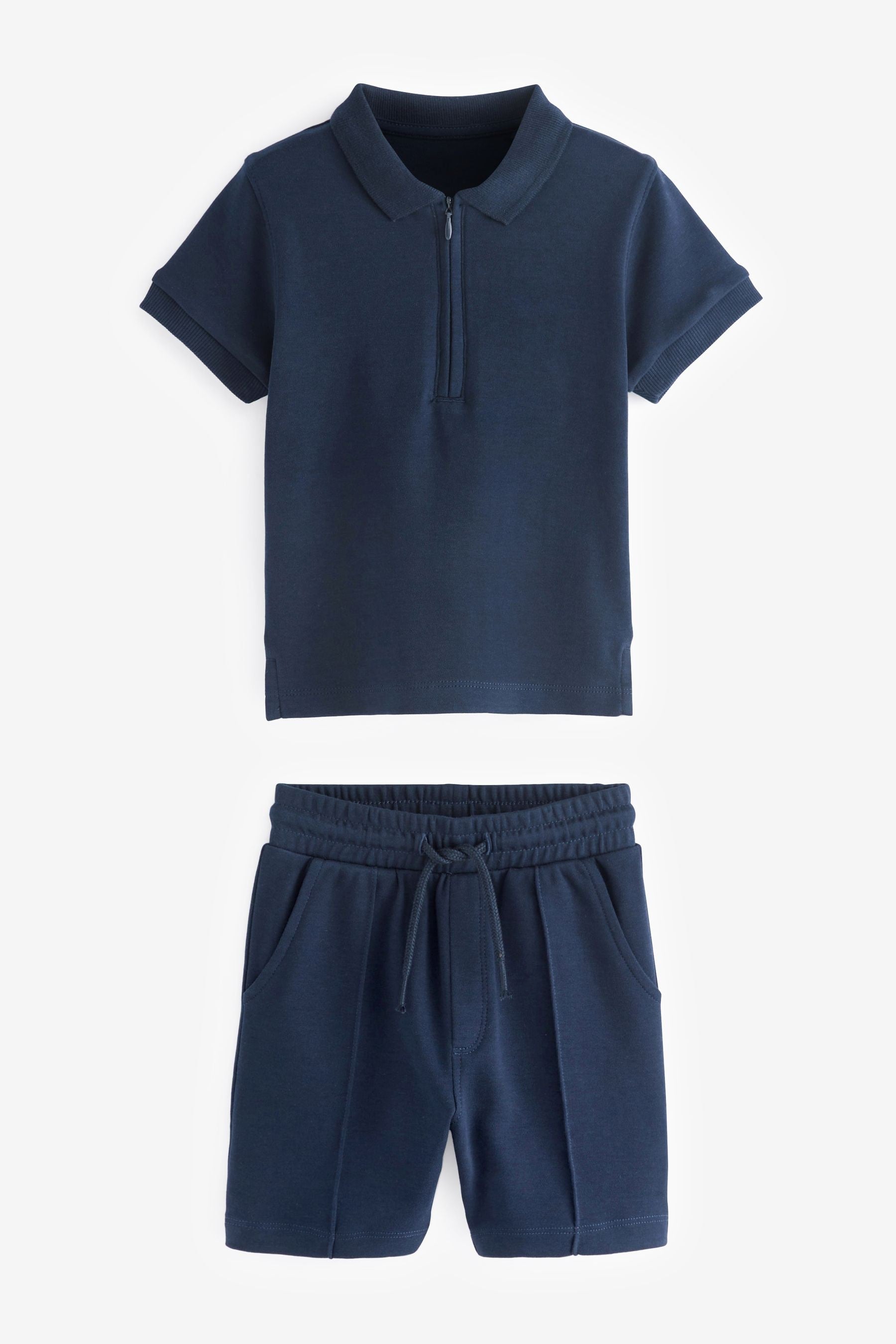 Navy Short Sleeve Jersey Zip Neck Polo Shirt And Shorts Set (3mths-7yrs)