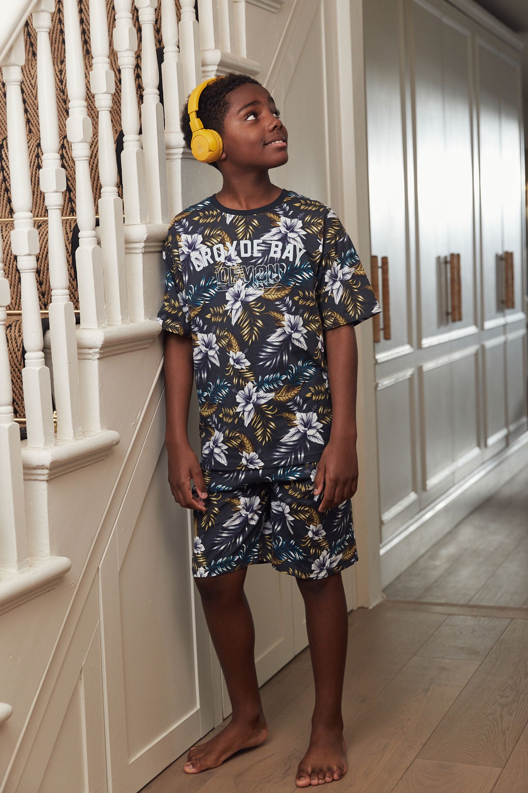 Monochrome Hawaiian Print Short Pyjamas (3-16yrs)