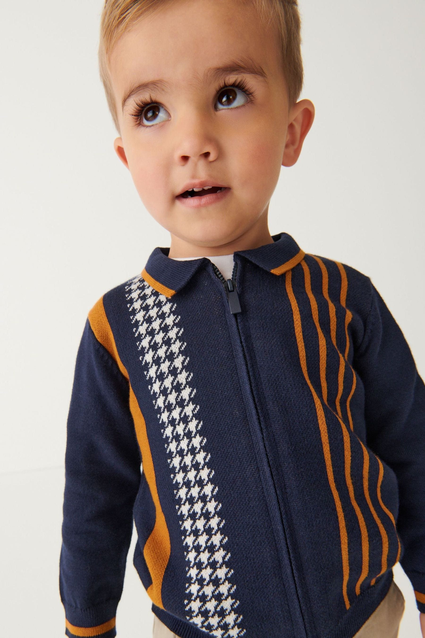 Navy Long Sleeve Knitted Patterned Polo Shirt (3mths-7yrs)