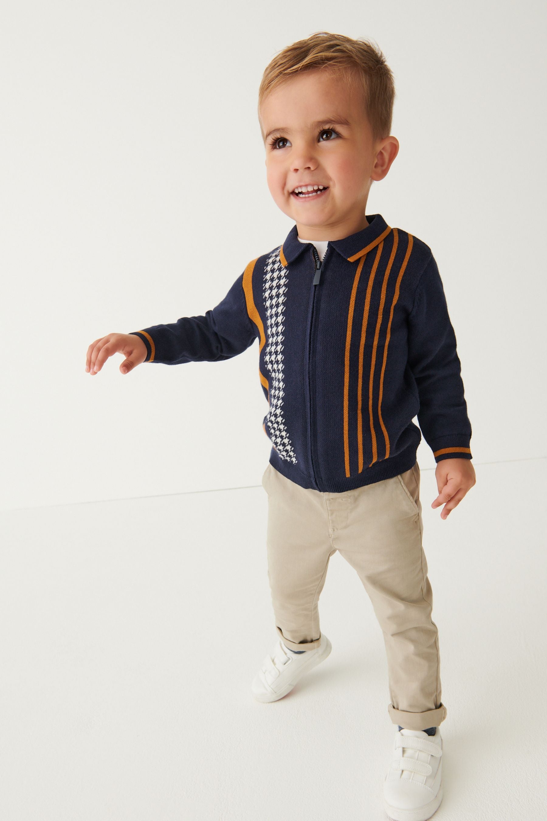 Navy Long Sleeve Knitted Patterned Polo Shirt (3mths-7yrs)