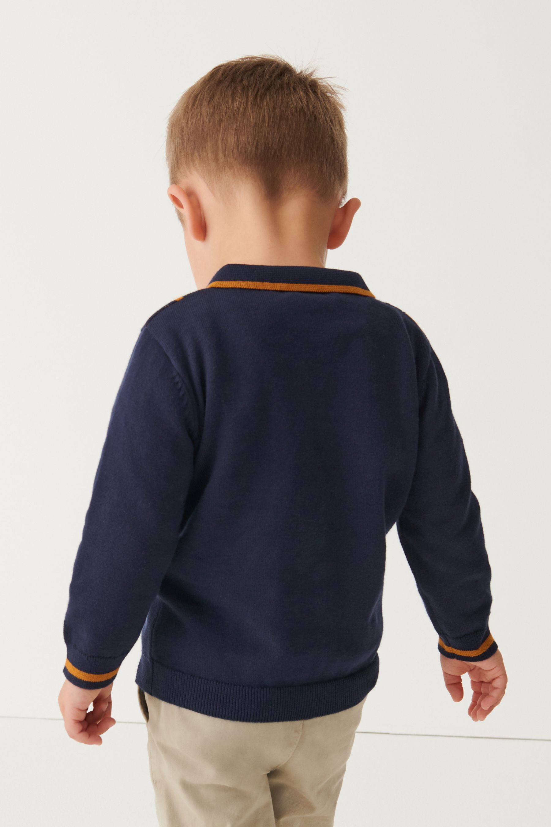 Navy Long Sleeve Knitted Patterned Polo Shirt (3mths-7yrs)