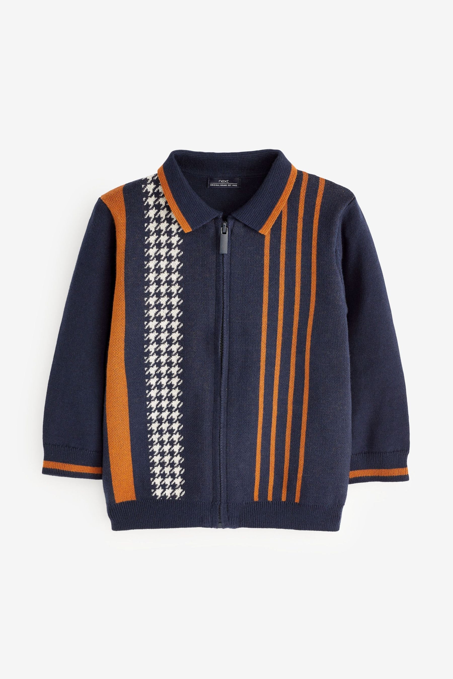 Navy Long Sleeve Knitted Patterned Polo Shirt (3mths-7yrs)