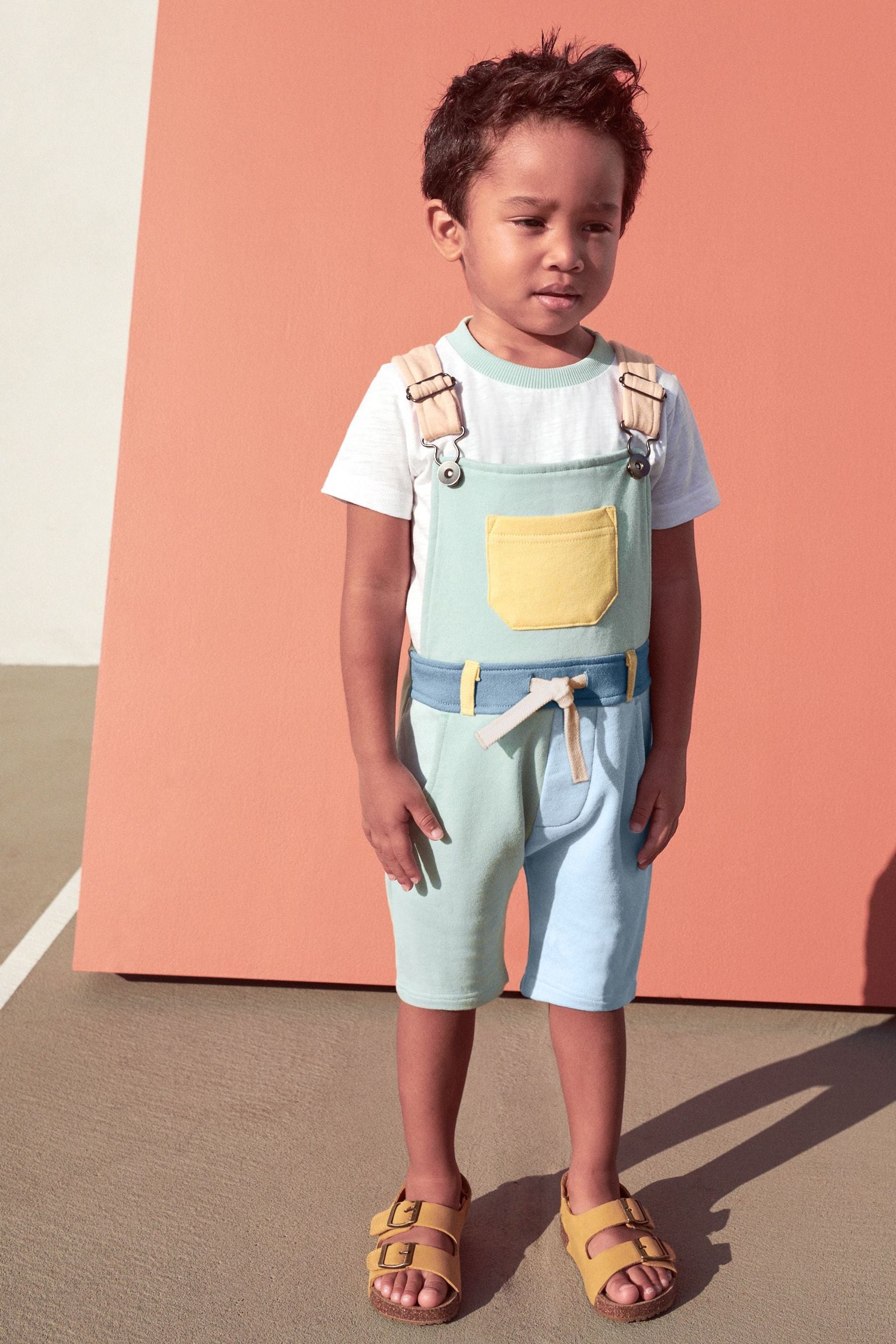 Pastel Blue/Green Colourblock Dungarees And Short Sleeve T-Shirt Set (3mths-7yrs)