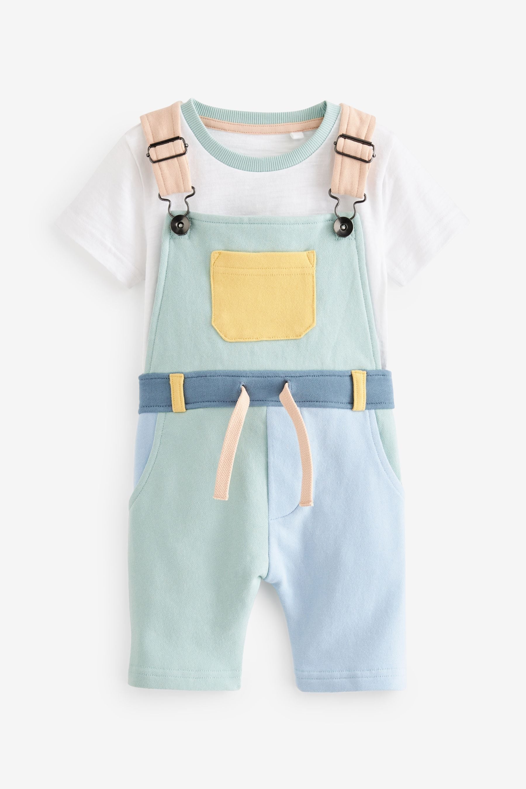 Pastel Blue/Green Colourblock Dungarees And Short Sleeve T-Shirt Set (3mths-7yrs)