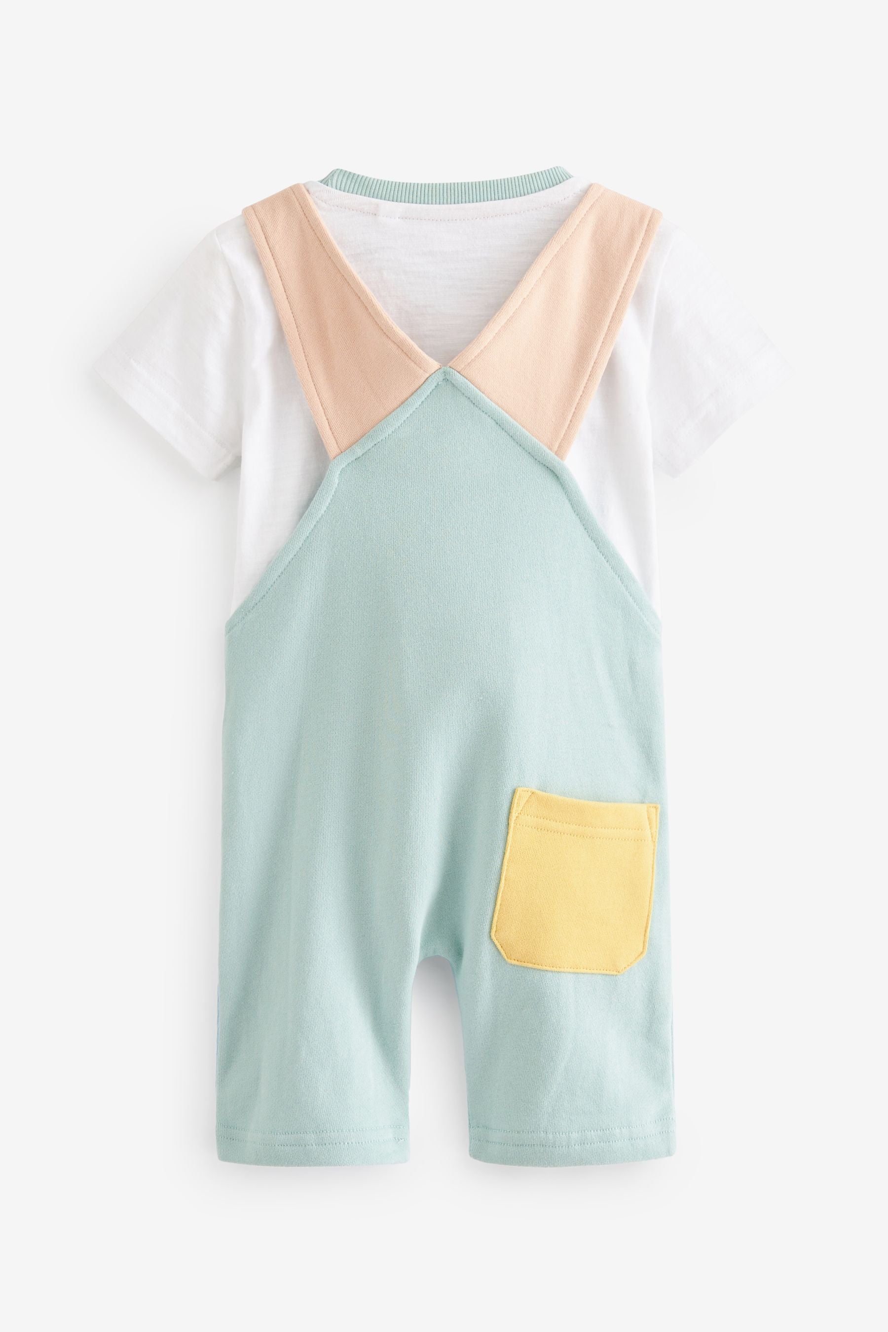 Pastel Blue/Green Colourblock Dungarees And Short Sleeve T-Shirt Set (3mths-7yrs)