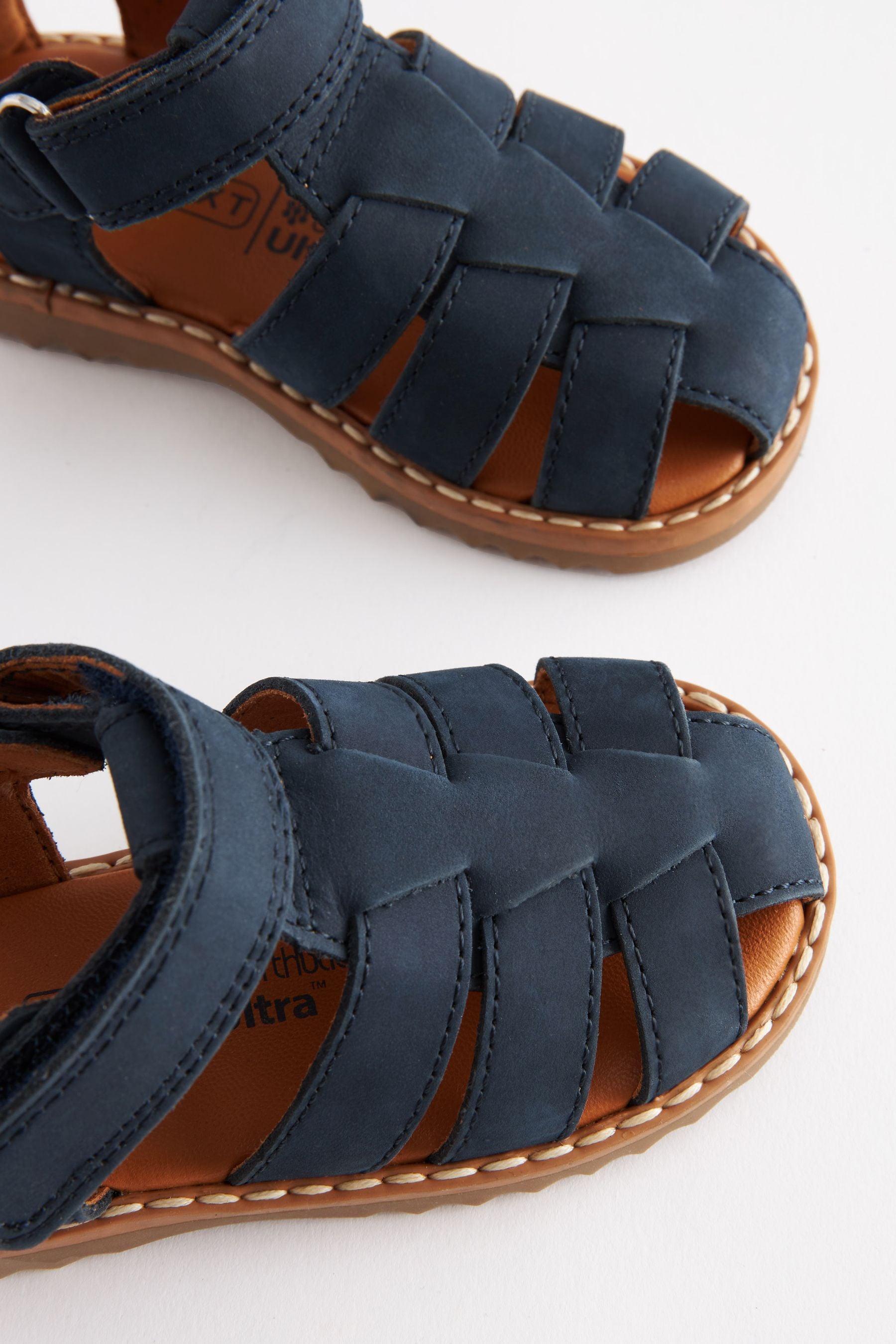 Navy Blue Leather Touch Fastening Closed Toe Sandals