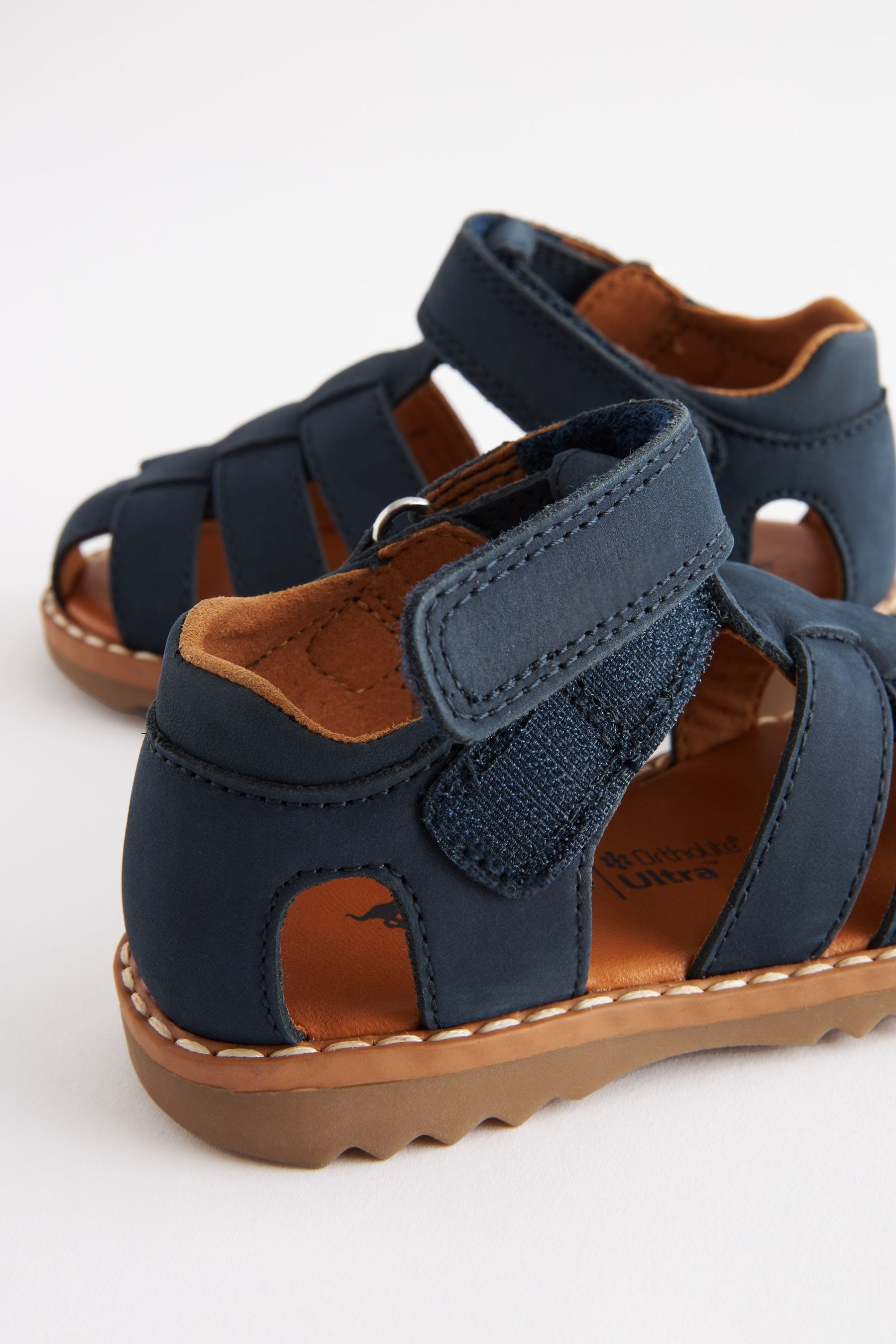 Navy Blue Leather Touch Fastening Closed Toe Sandals