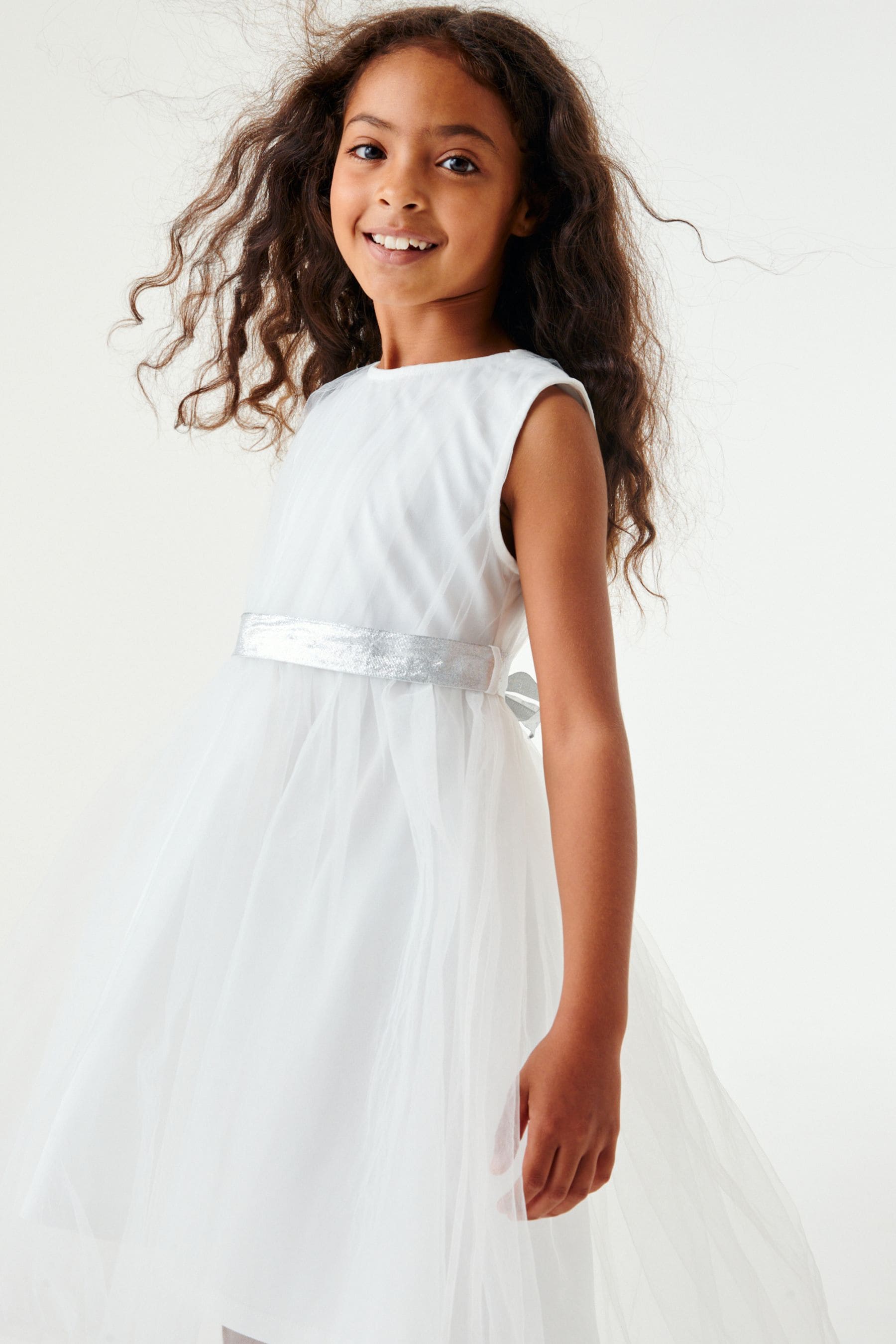 Ivory White Mesh Tie Back Party Dress (3-16yrs)