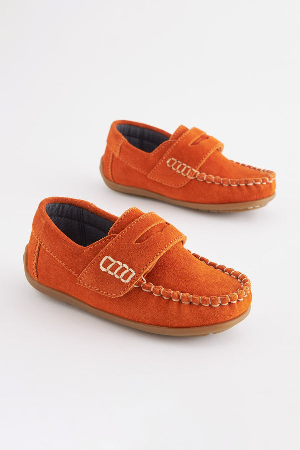 Orange Leather Penny Loafers with Touch & Close Fastening