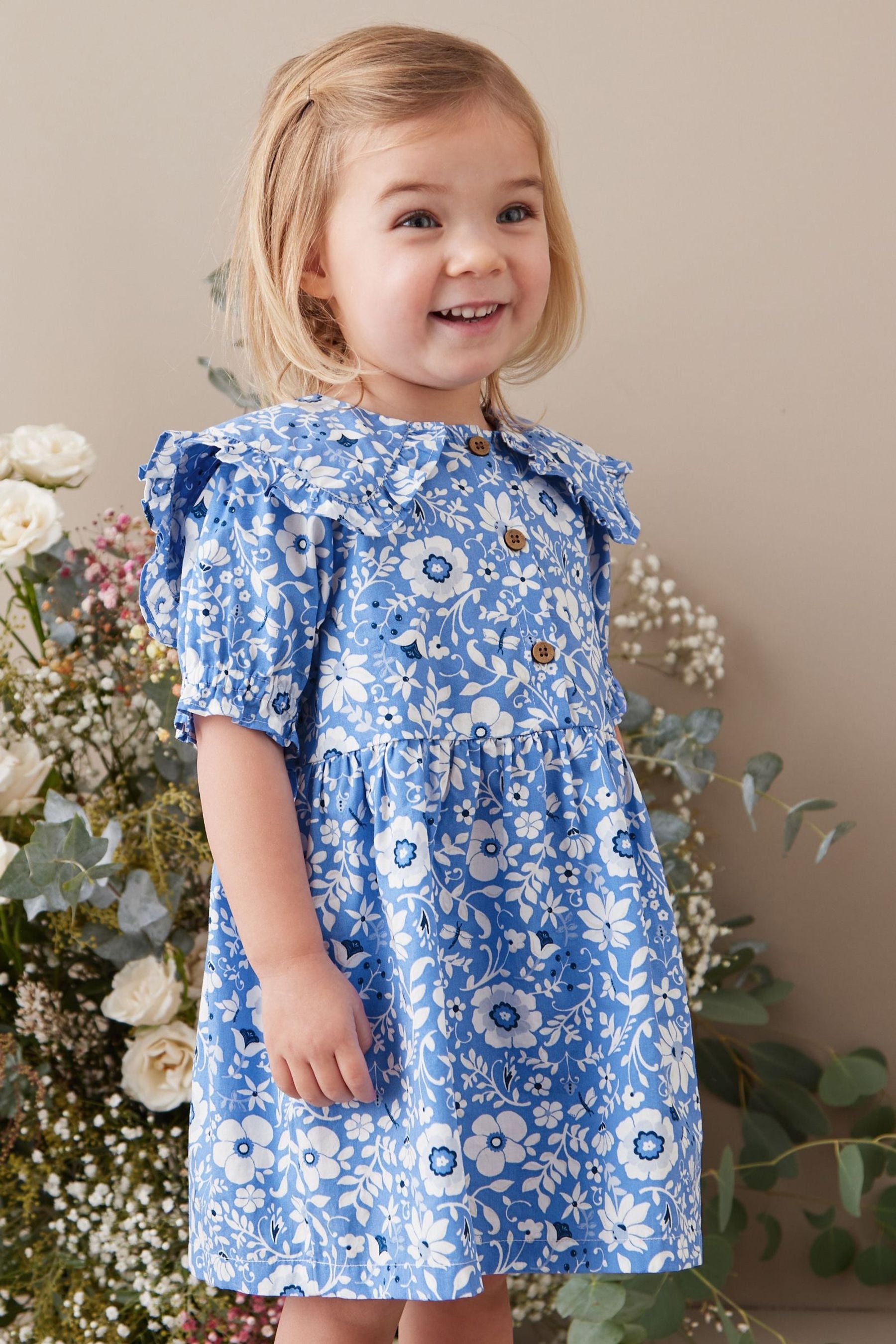 Blue Floral Floral Cotton Collar Dress (3mths-8yrs)