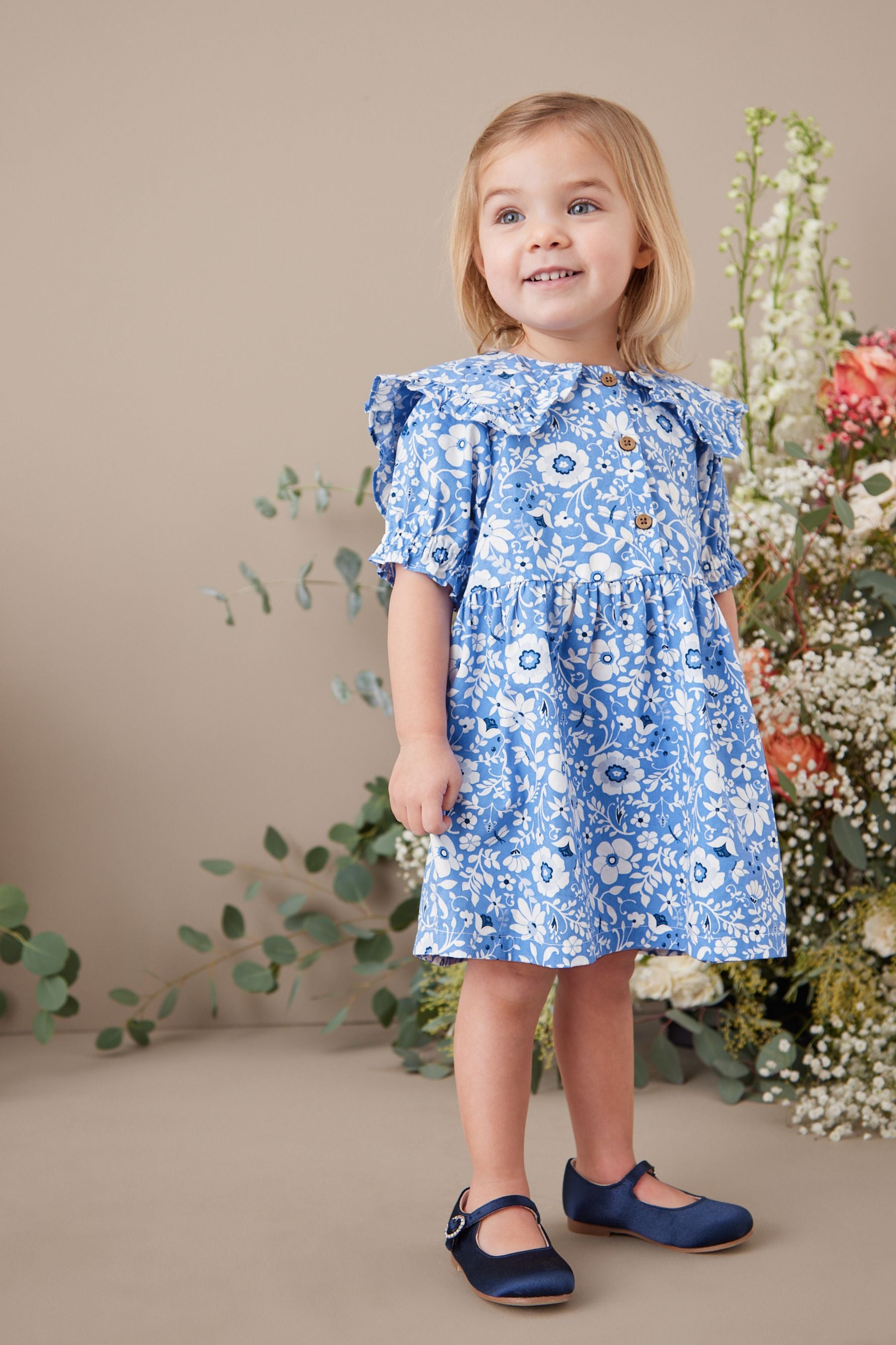 Blue Floral Floral Cotton Collar Dress (3mths-8yrs)