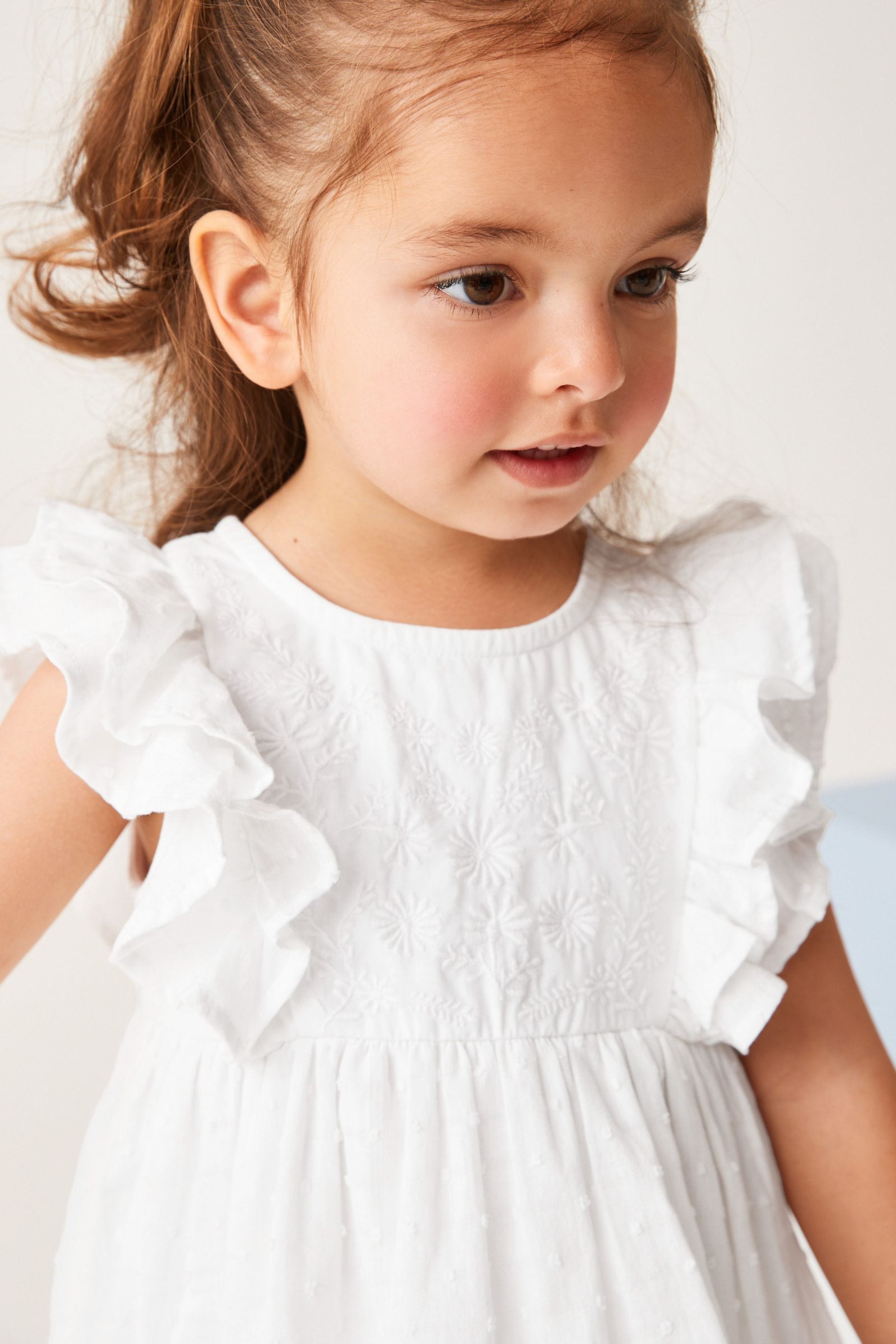 White Jersey Woven Mix Embroidered Dress (3mths-7yrs)